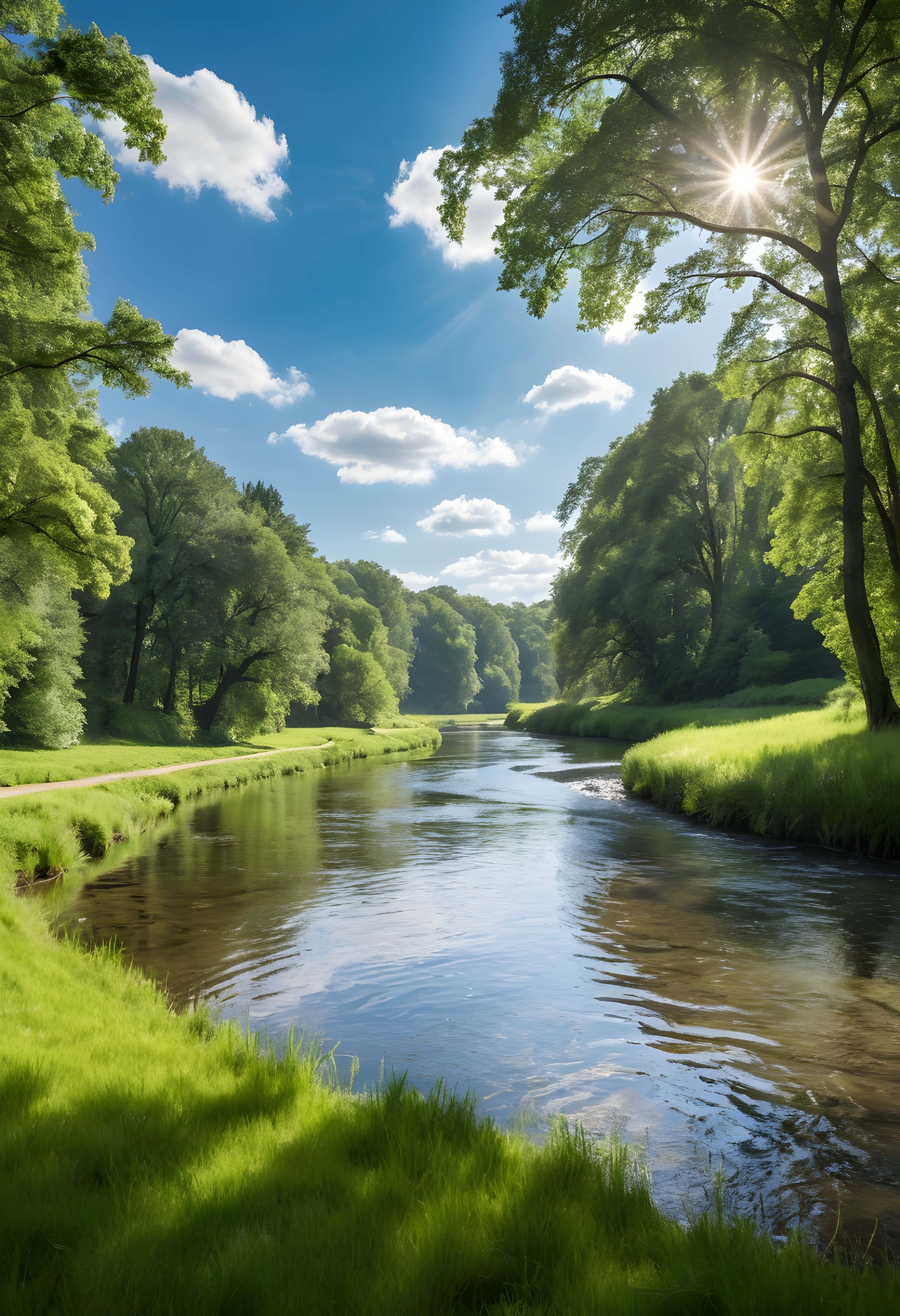 lake in the forest, sunlight, lush green trees, 4K Phone Wallpaper