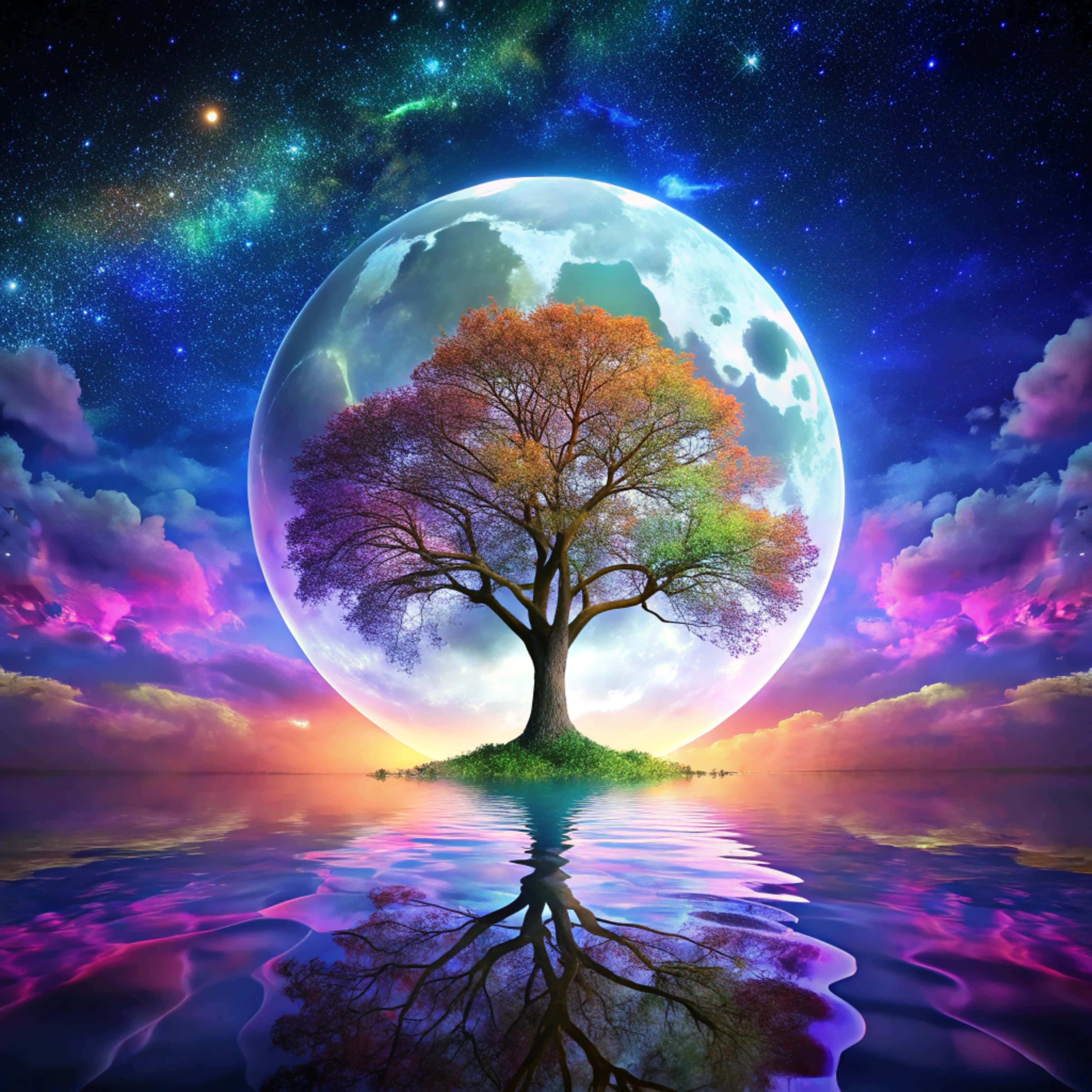 spooky tree at night, rainbow foliage, giant moon, 4K Desktop Wallpaper