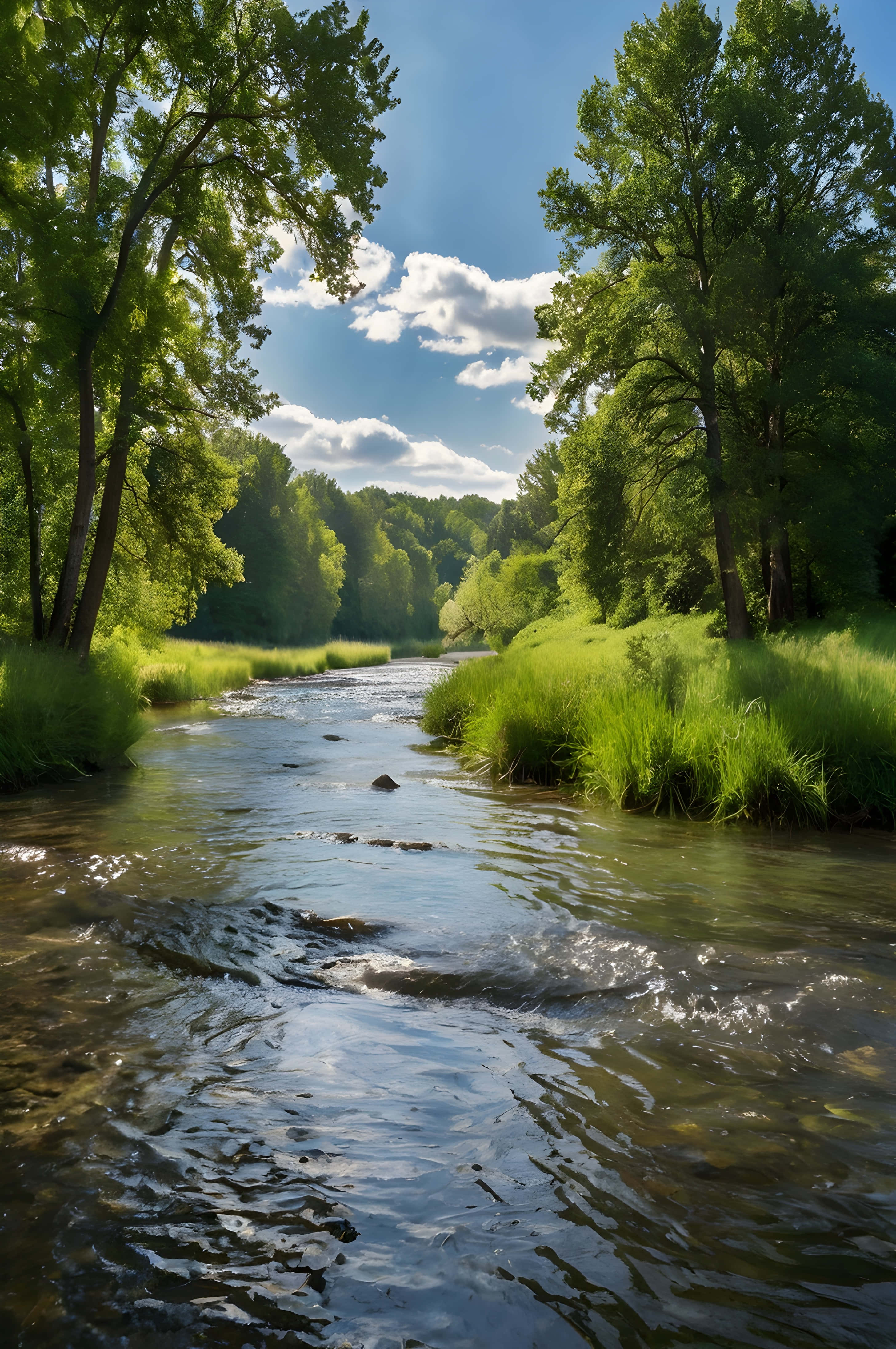 lake in the forest, sunlit river, lush green forest, 4K Phone Wallpaper