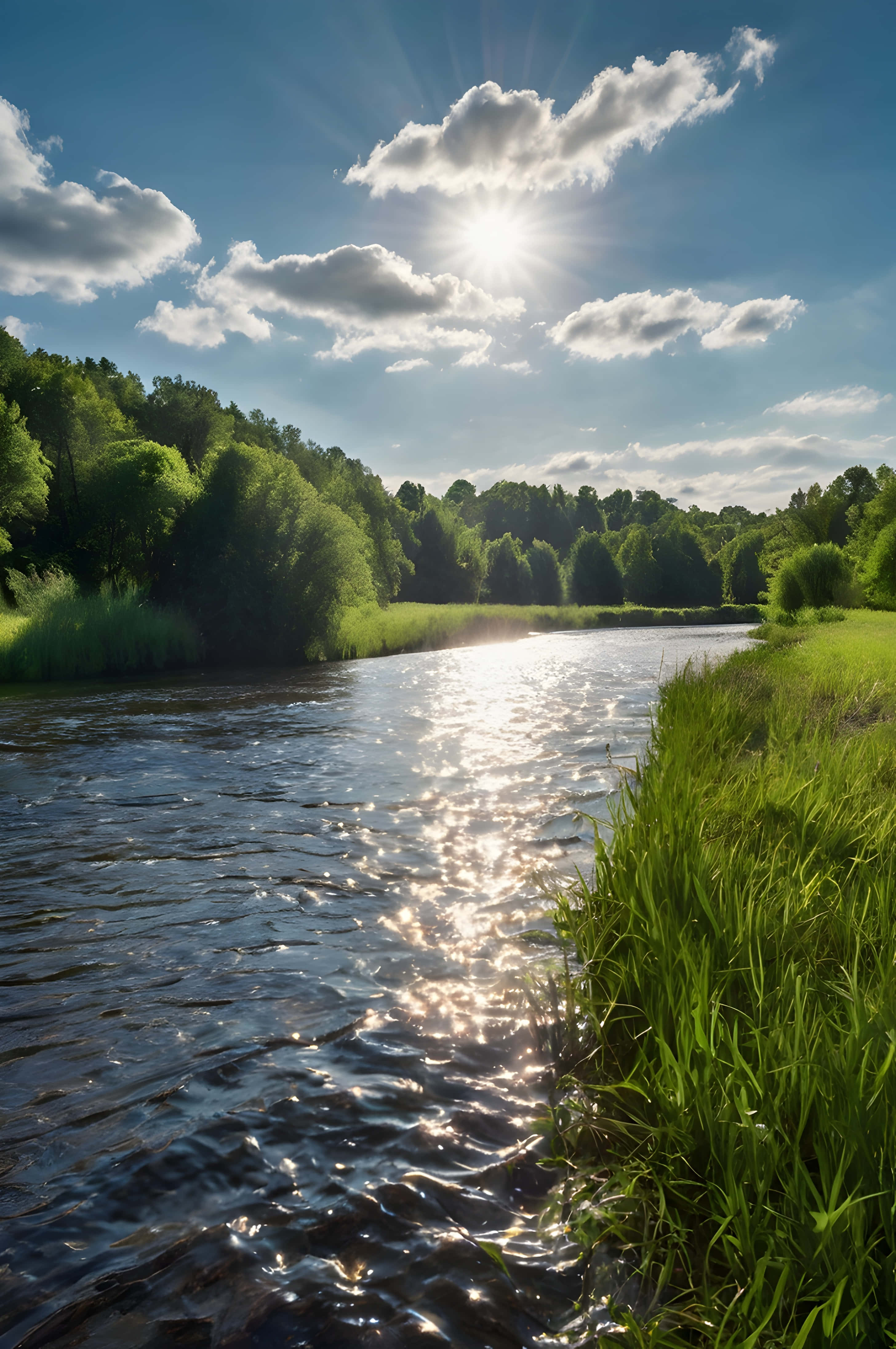 lake in the forest, winding river, fluffy clouds, 4K Phone Wallpaper