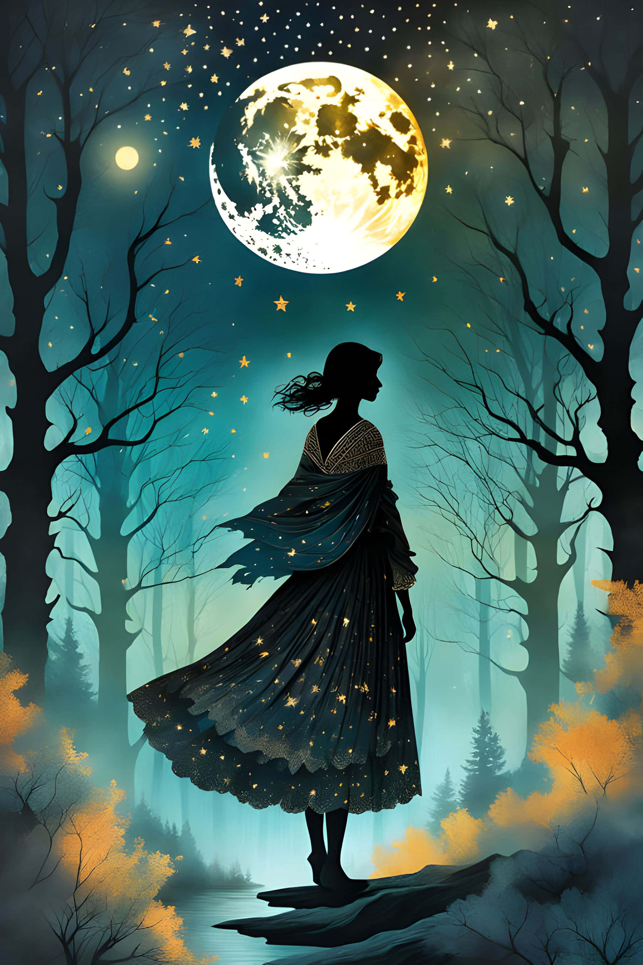moonlit forest, silhouetted figure, star-dusted gown, 2K Phone Wallpaper