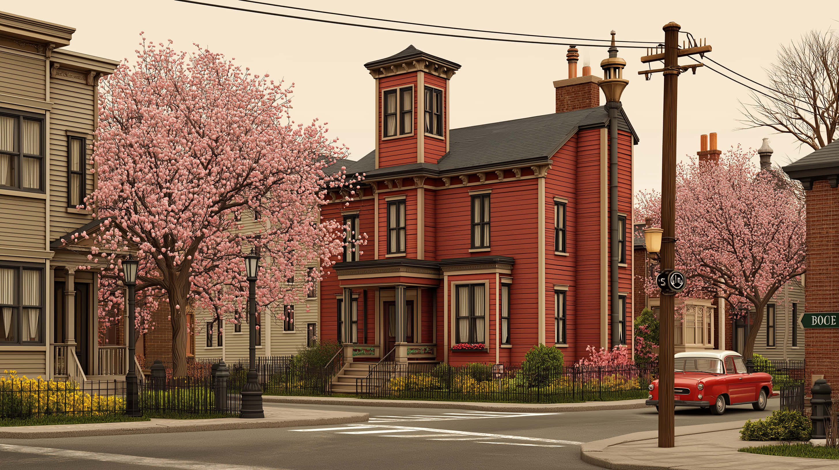 red Victorian house, black roof, porch, 2K Desktop Wallpaper
