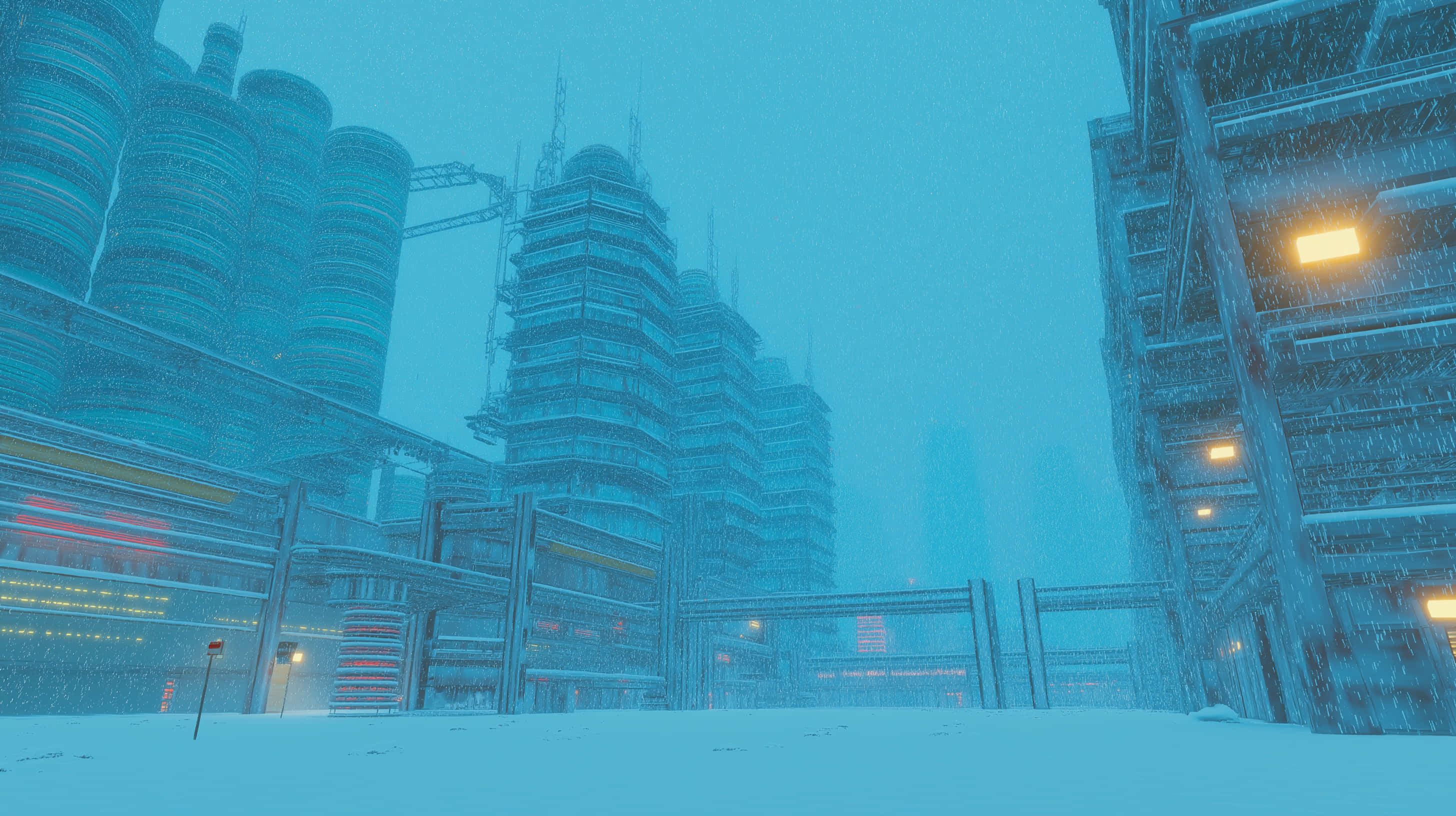 snowy futuristic industrial cityscape, towering cylindrical and tiered buildings, cold blue sky, 2K Desktop Wallpaper