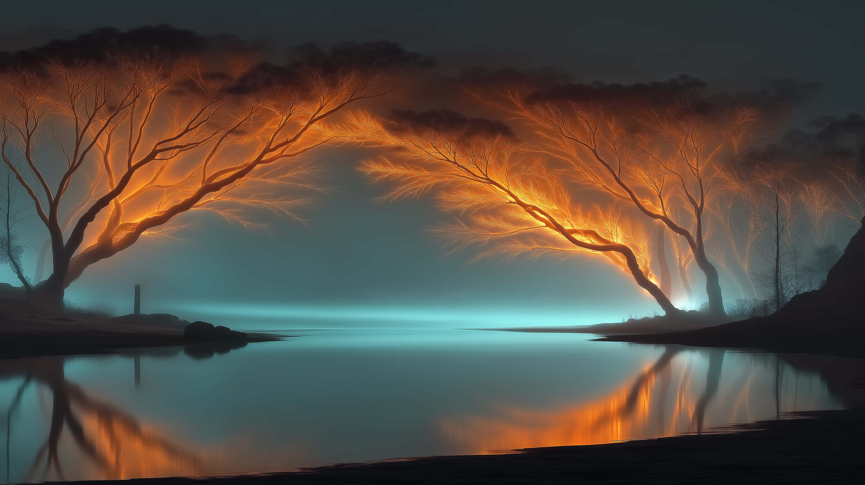 Lichtenberg etched trees, calm lake, fiery orange light, 2K Desktop Wallpaper