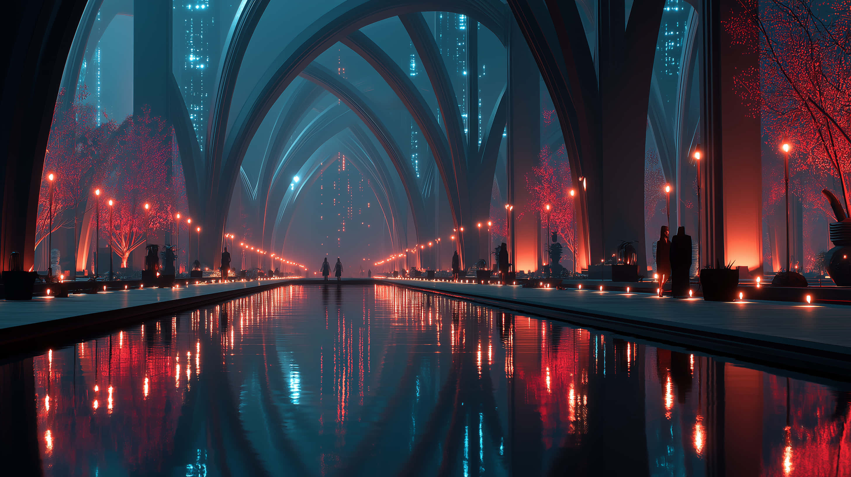 futuristic arched hallway, reflective water, glowing red trees, 2K Desktop Wallpaper