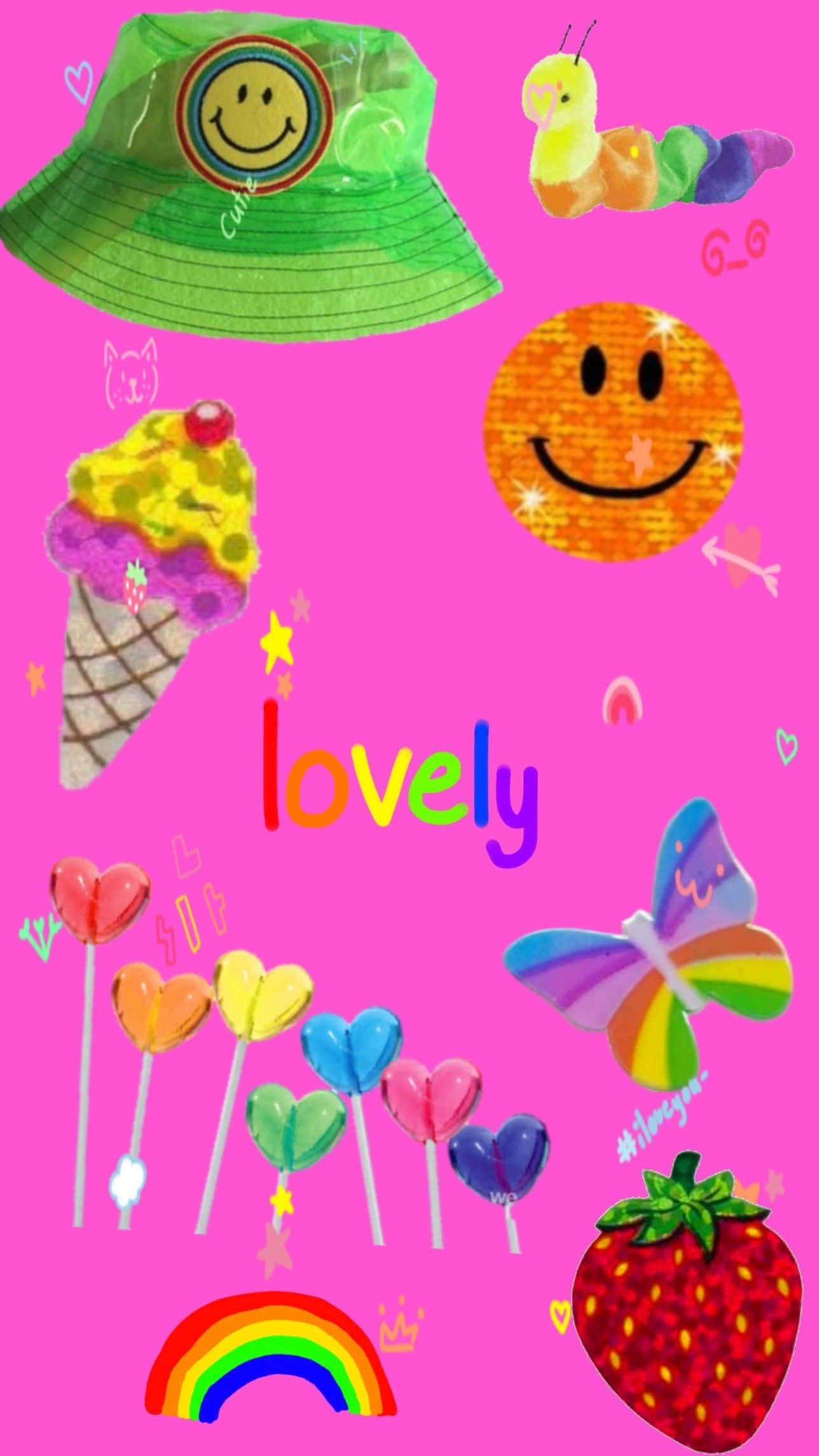 Scenecore, vibrant pink background, playful cartoon items, Full HD Phone Wallpaper