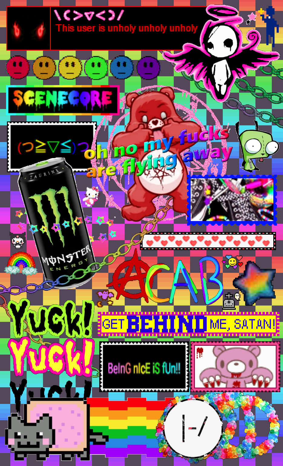 Scenecore, neon text, checkered background, HD Phone Wallpaper