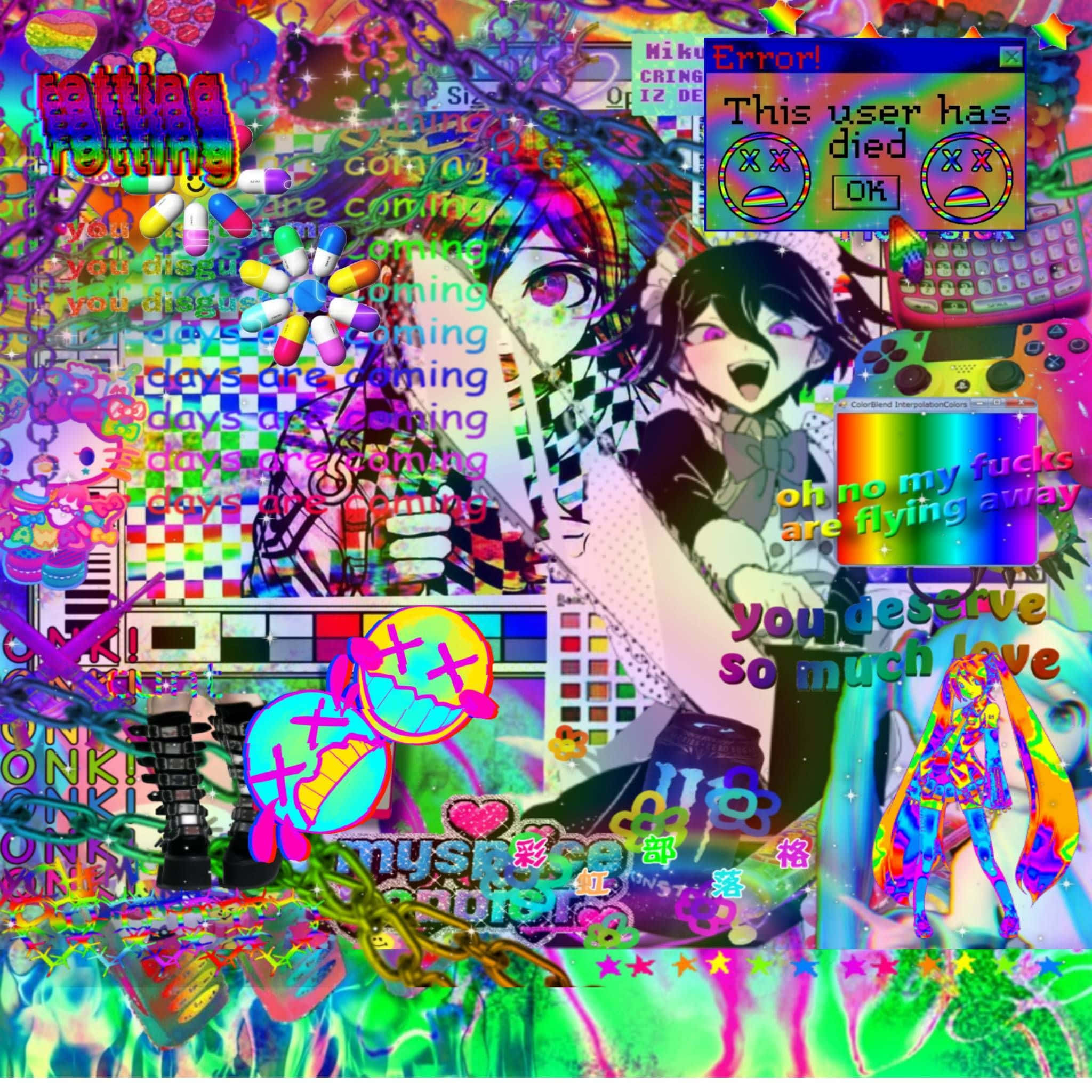 Scenecore, anime characters, glitch text, Full HD Desktop Wallpaper