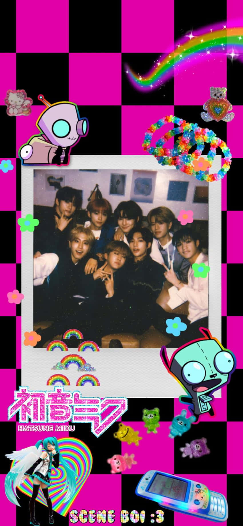 Scenecore, K-pop group, neon pink checkered wallpaper, HD Phone Wallpaper