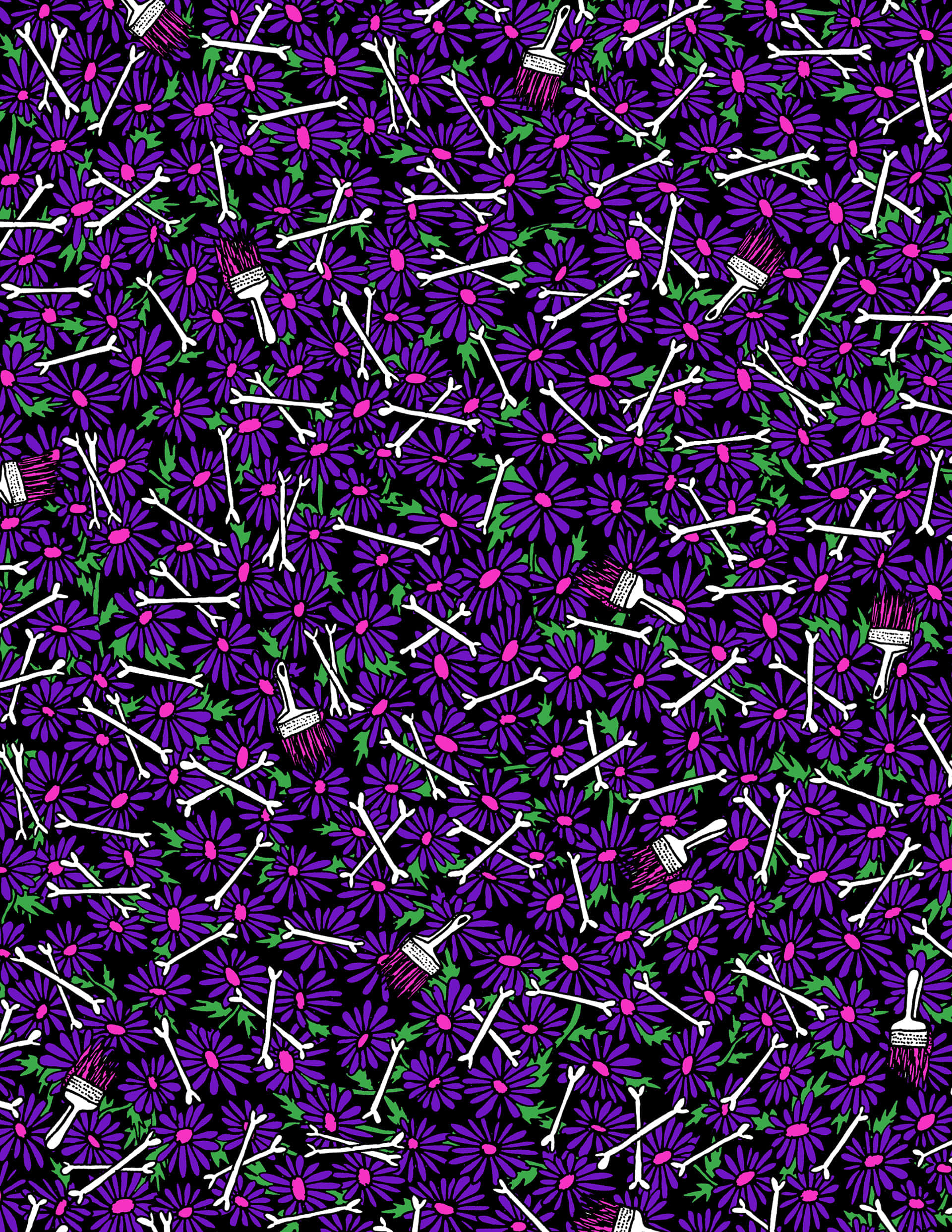 purple daisies, pink centers, white paintbrushes, Full HD Phone Wallpaper