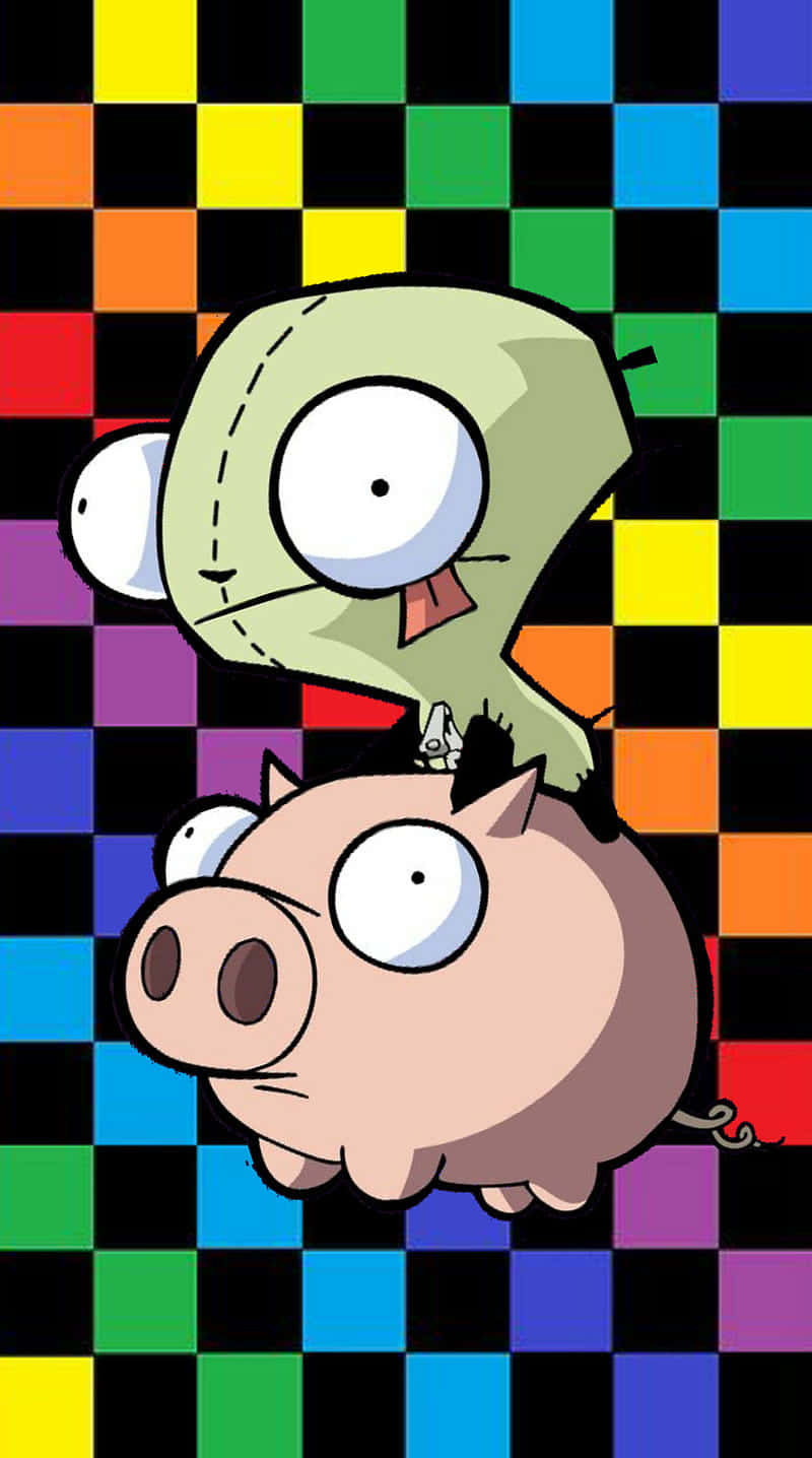 cartoon zombie, pig, vibrant rainbow checkerboard background, HD Phone Wallpaper