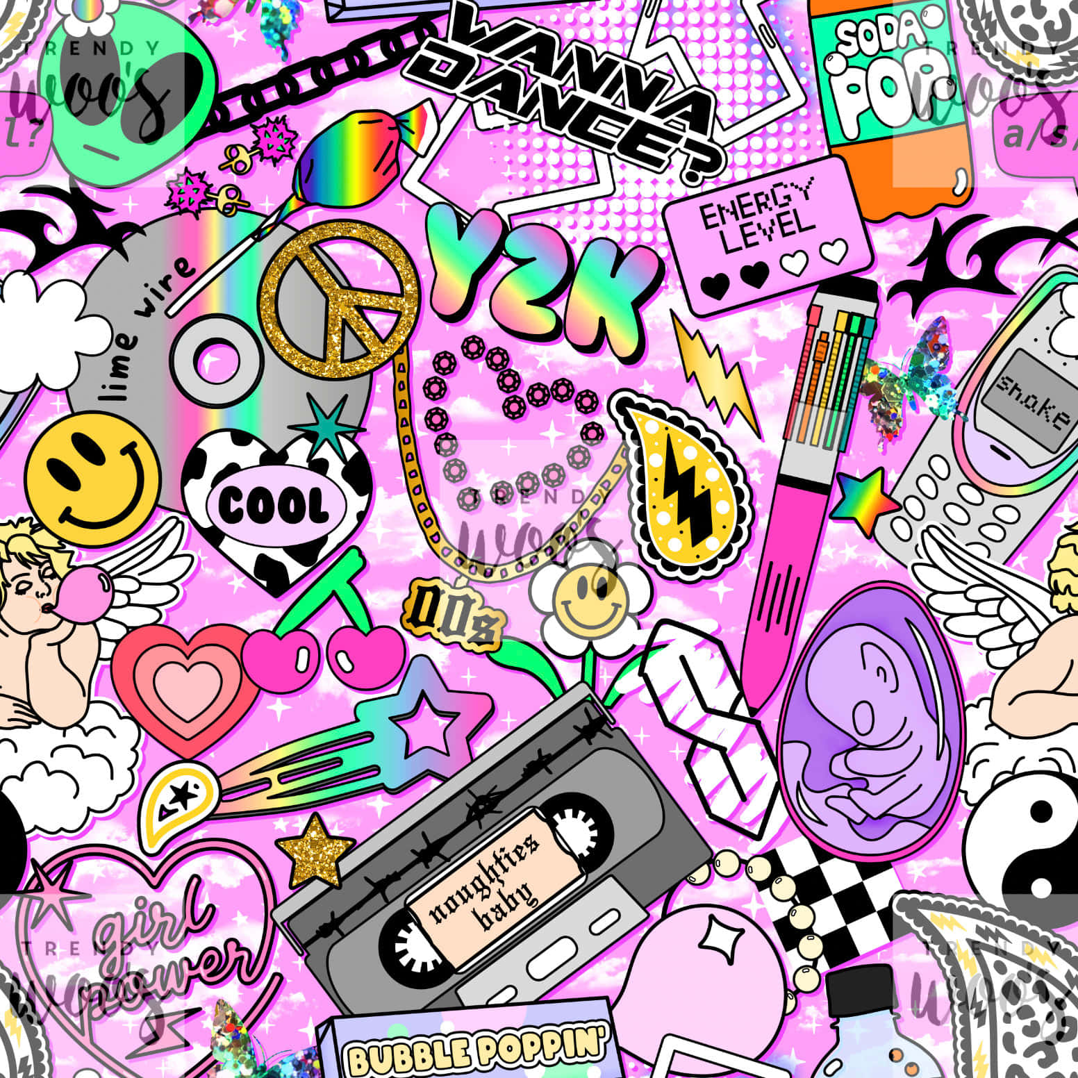 Scenecore, vibrant pink background, chaotic 2000s pop culture stickers, HD Desktop Wallpaper