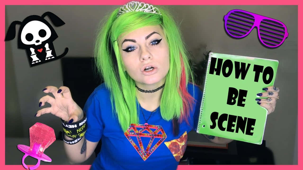neon green hair, tiara, notebook titled 'HOW TO BE SCENE', HD Desktop Wallpaper