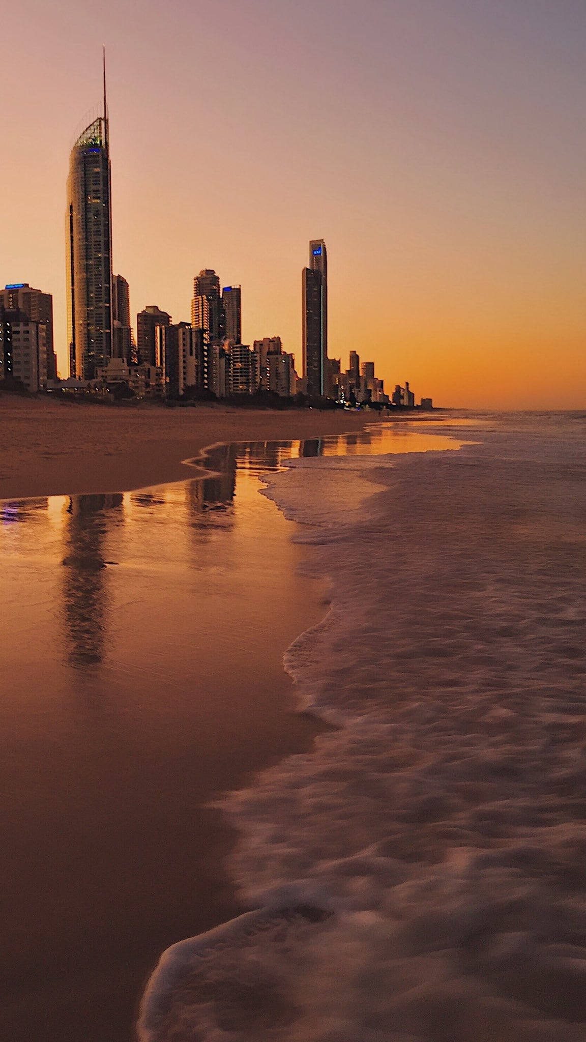 Sunset, beach, waves, Full HD Phone Wallpaper