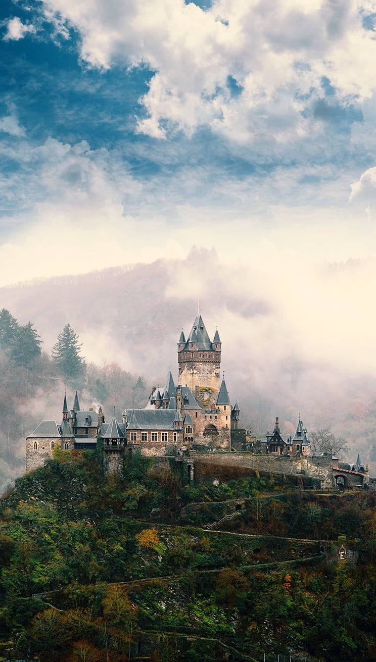 European castle, medieval castle, misty hillside, HD Phone Wallpaper