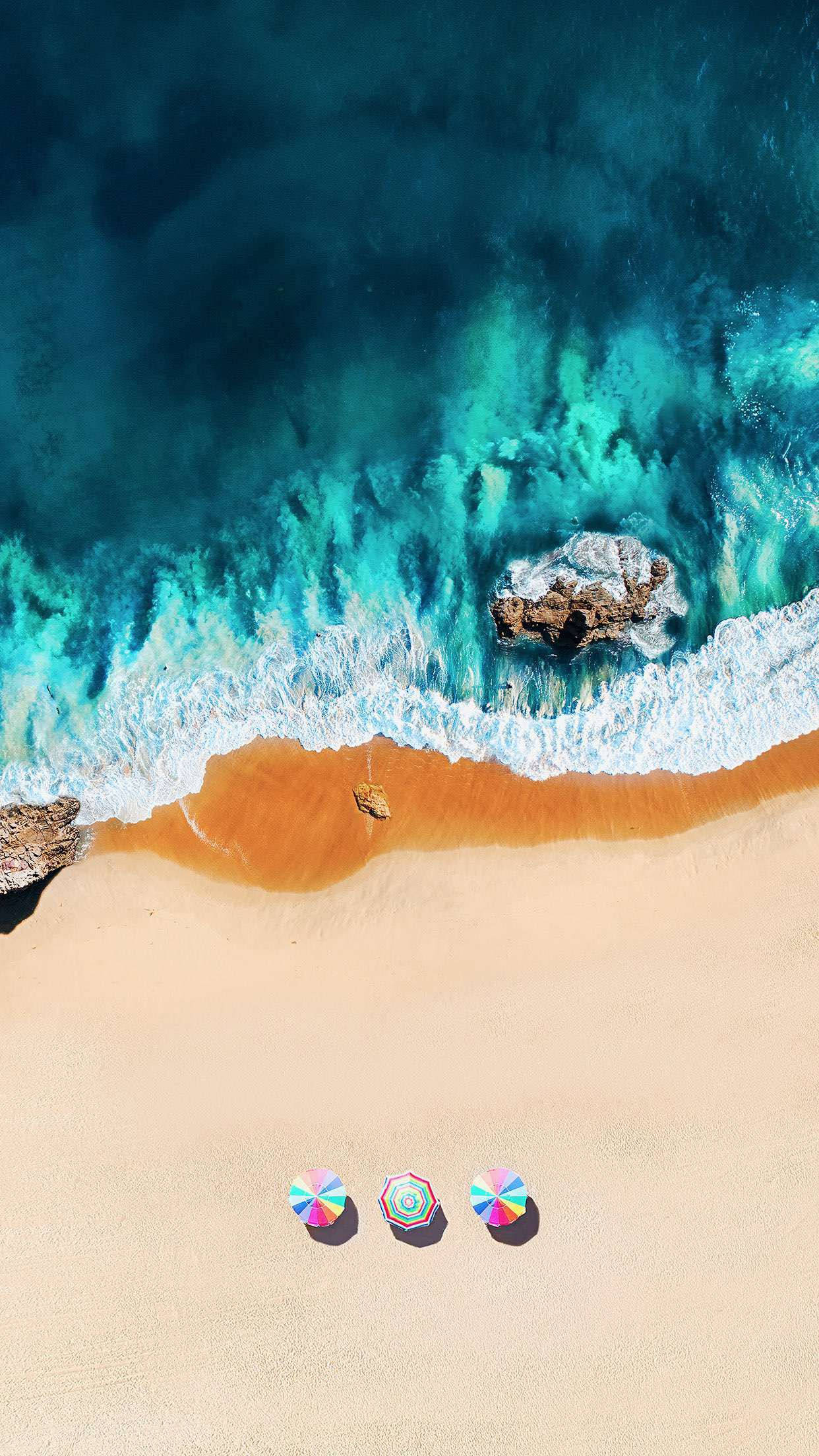 iPhone X, beach, rainbow umbrellas, Full HD Phone Wallpaper