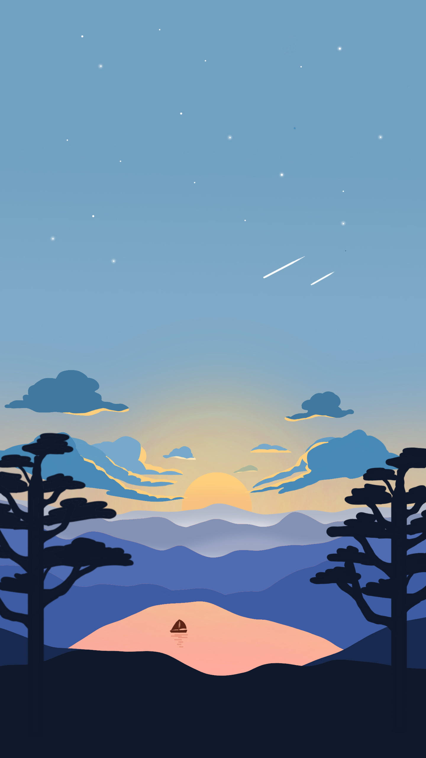 twilight landscape, silhouetted trees, glowing sunset, 2K Phone Wallpaper