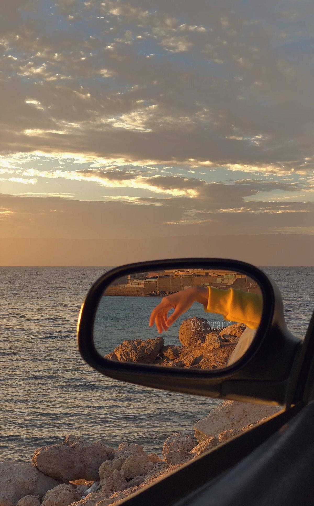 car side mirror, golden sunset, rocky coastline, Full HD Phone Wallpaper