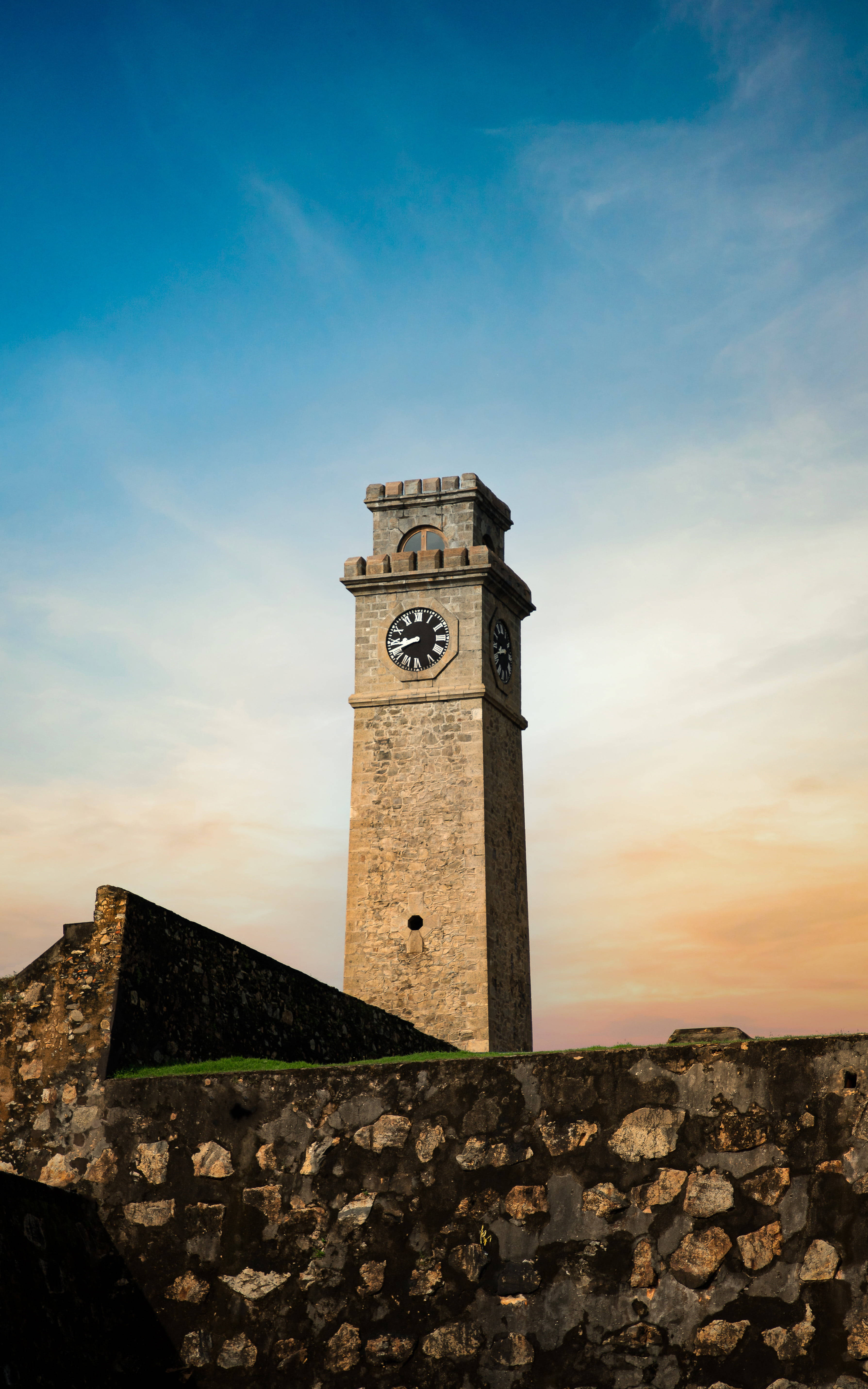 old castle, stone clock tower, vibrant sunset sky, 5K Phone Wallpaper
