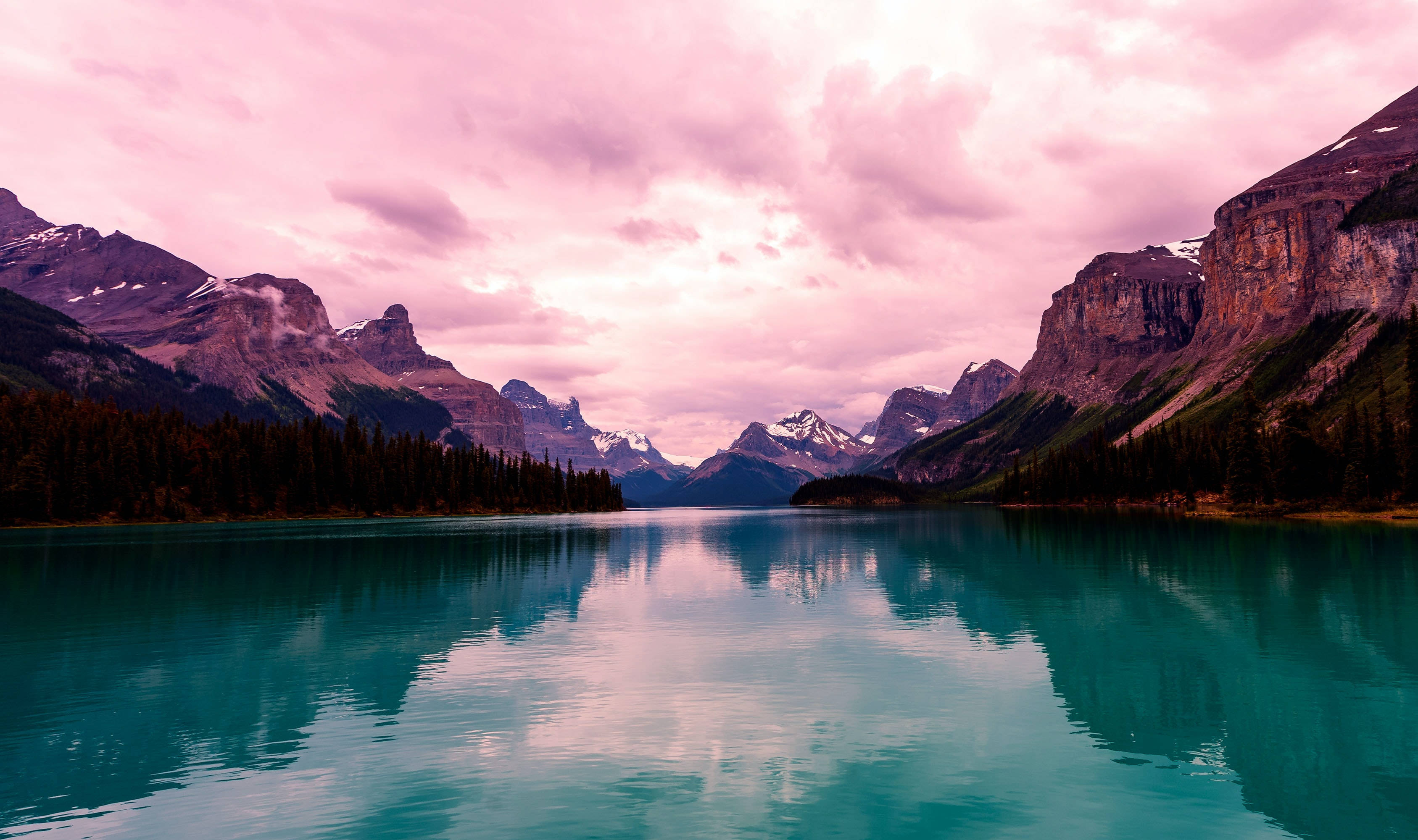 Teal Lake, twilight sky, pink clouds, 2K Desktop Wallpaper