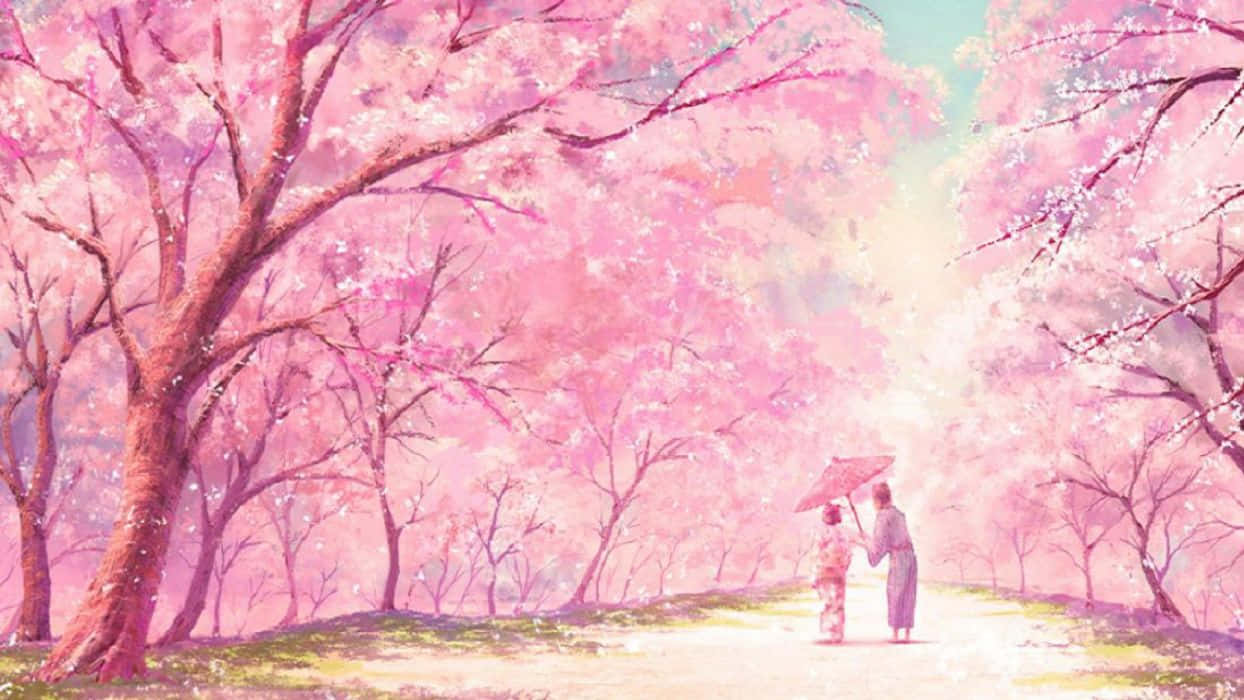 cherry blossoms, anime scenery, mother daughter road, SD Desktop Wallpaper