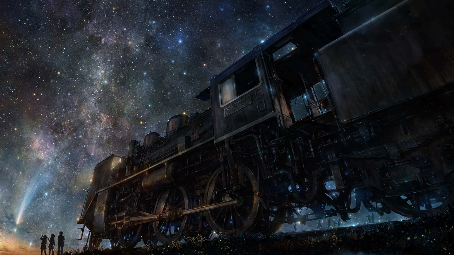 steam locomotive, starry night sky, glowing comet, Full HD Desktop Wallpaper