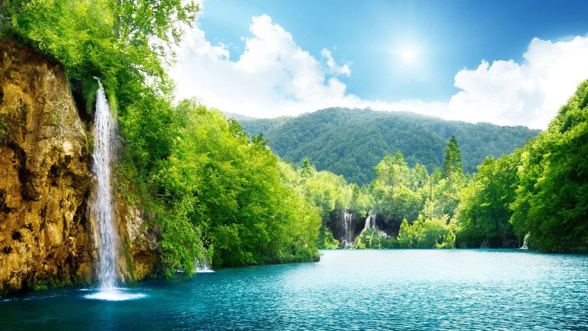 tropical waterfalls, turquoise lake, lush green forests, Full HD Desktop Wallpaper