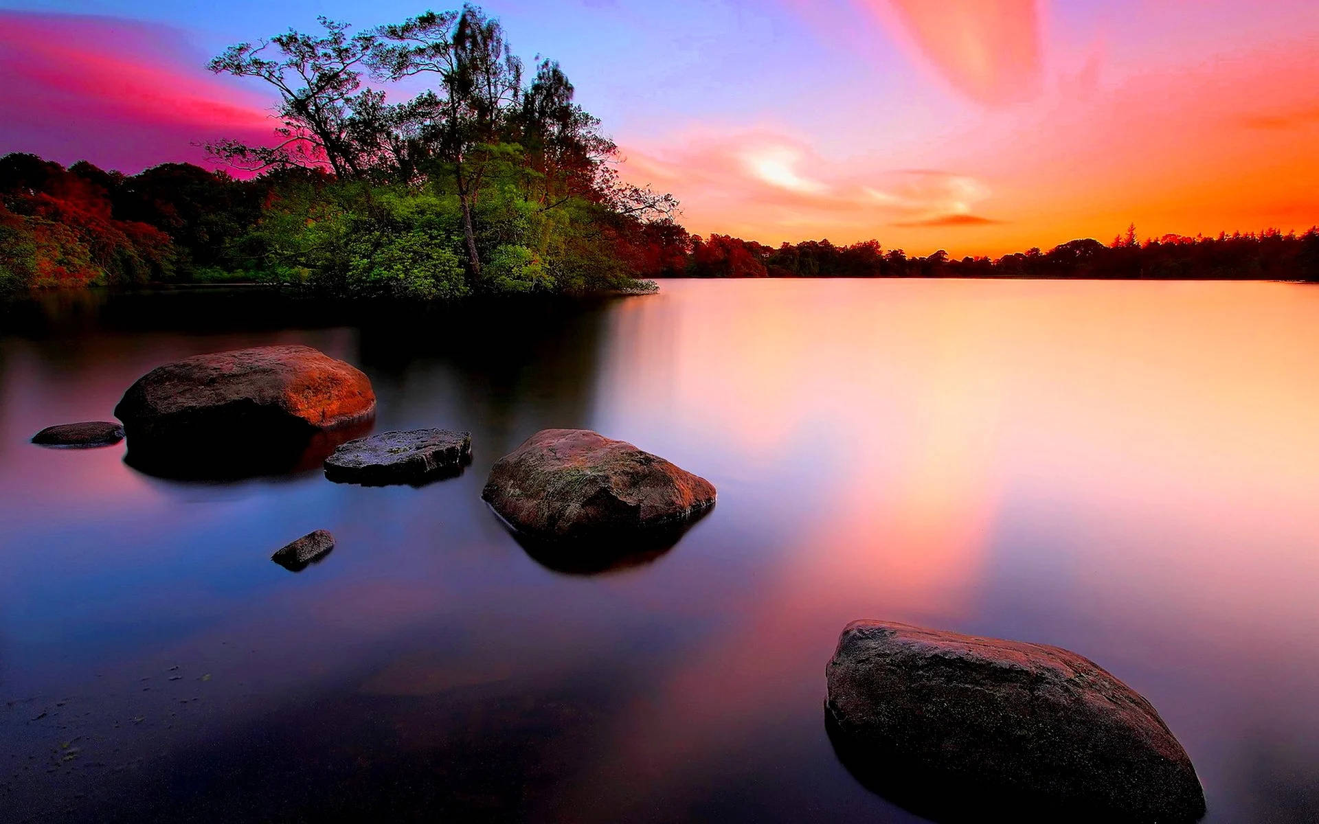 sunset, lake, fiery orange, Full HD Desktop Wallpaper