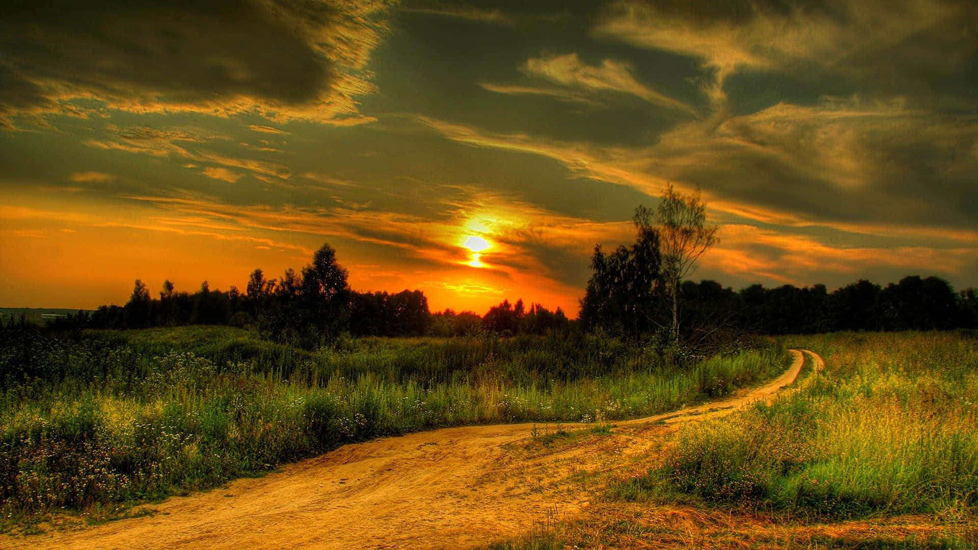 Country Road, Sunset, Fiery Sunset, Full HD Desktop Wallpaper