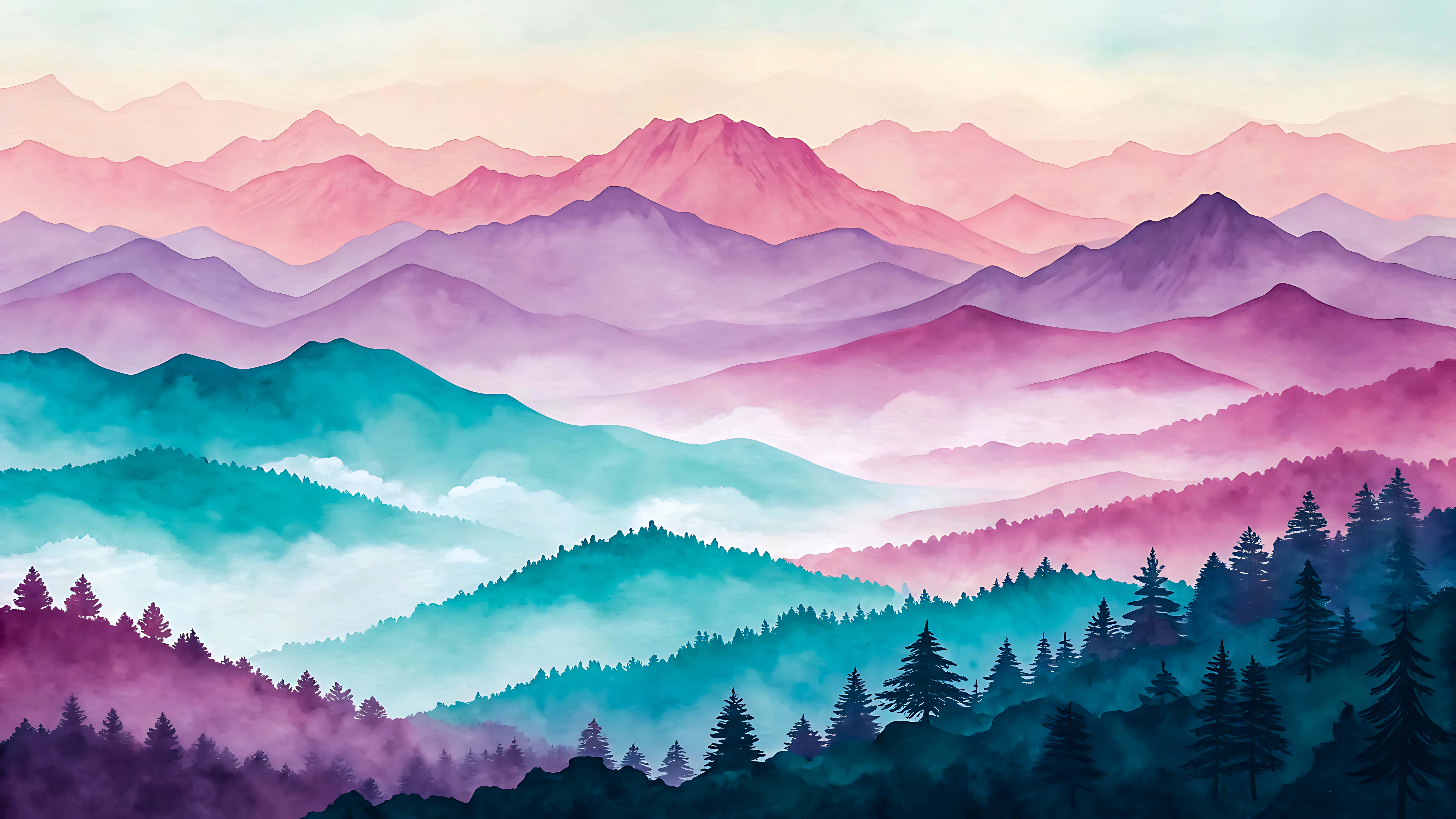 watercolor painting, mountain range, trees, 8K Desktop Wallpaper