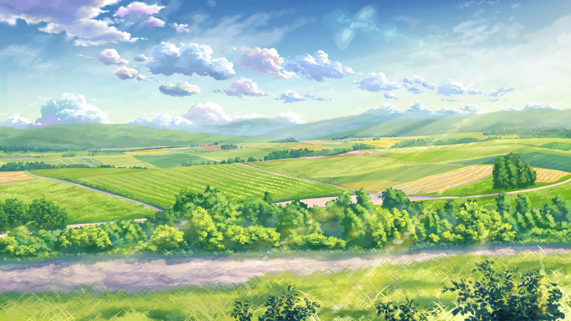 Green Anime, vibrant rolling green hills, bright blue sky, Full HD Desktop Wallpaper