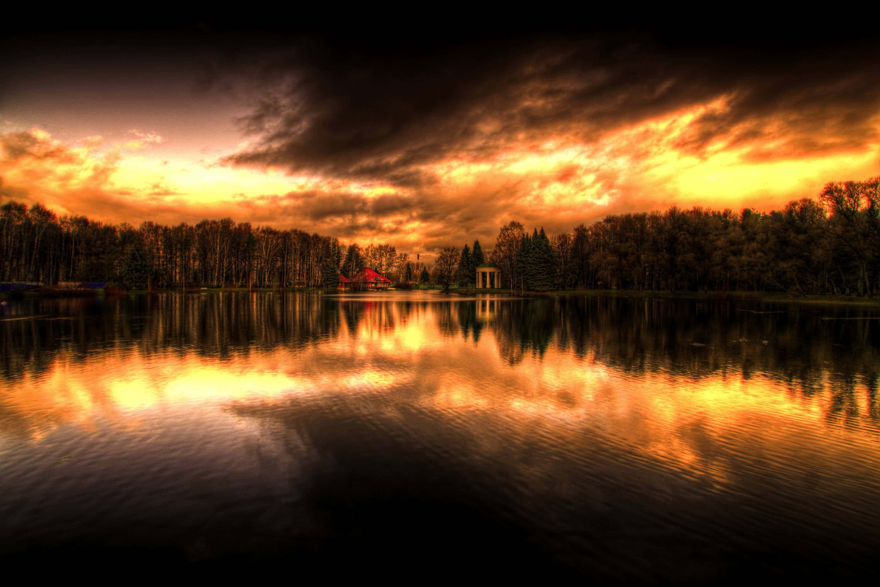 Fiery Sky, Calm lake, Fiery orange clouds, 2K Desktop Wallpaper
