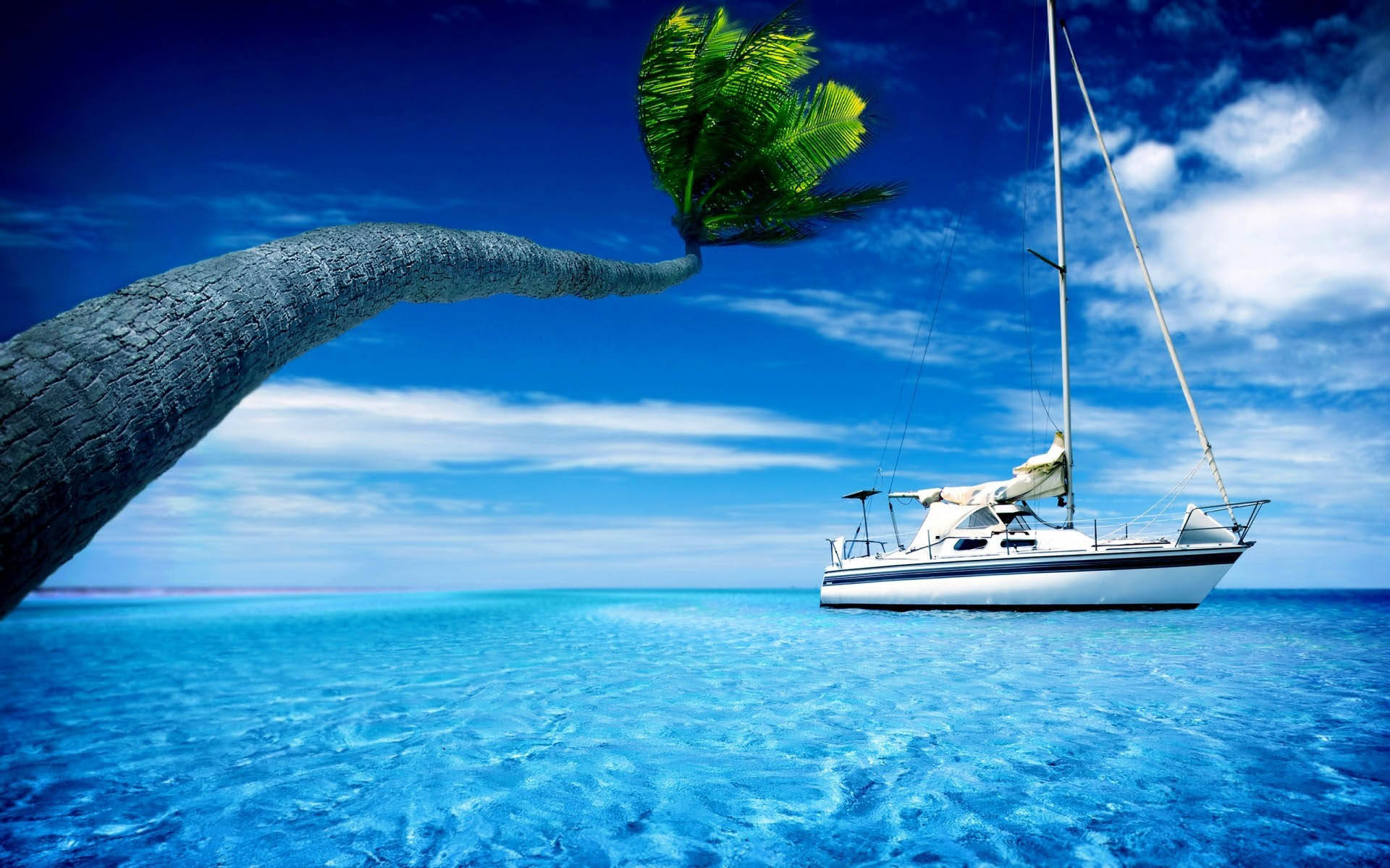 white sailboat, crystal blue tropical waters, vibrant blue sky, Full HD Desktop Wallpaper