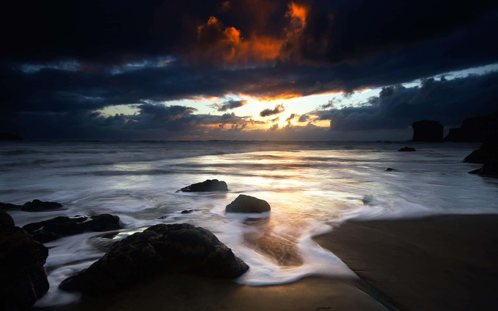 Sunset, Rocky beach, Golden light, Full HD Desktop Wallpaper
