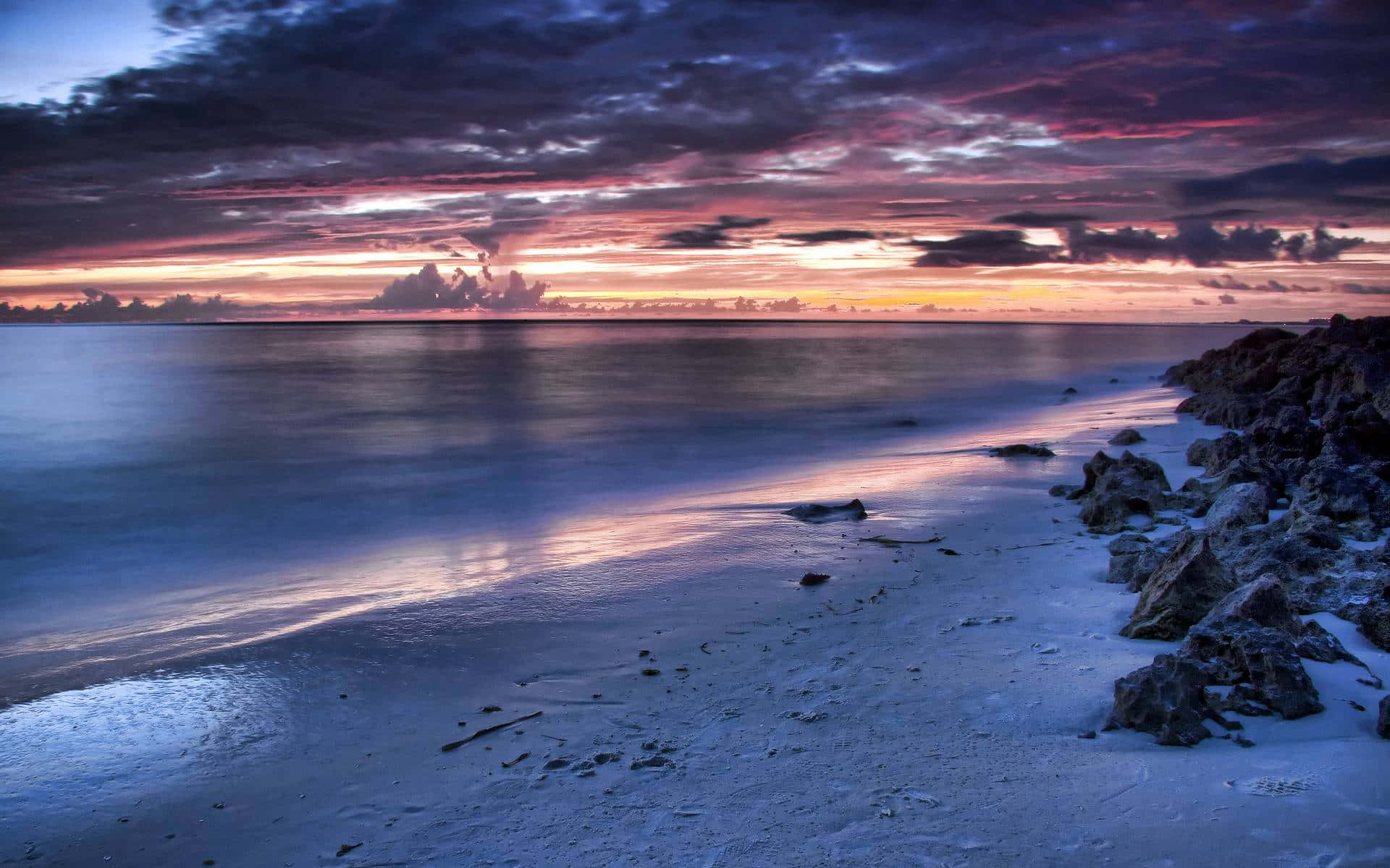sunset, beach, calm water, Full HD Desktop Wallpaper