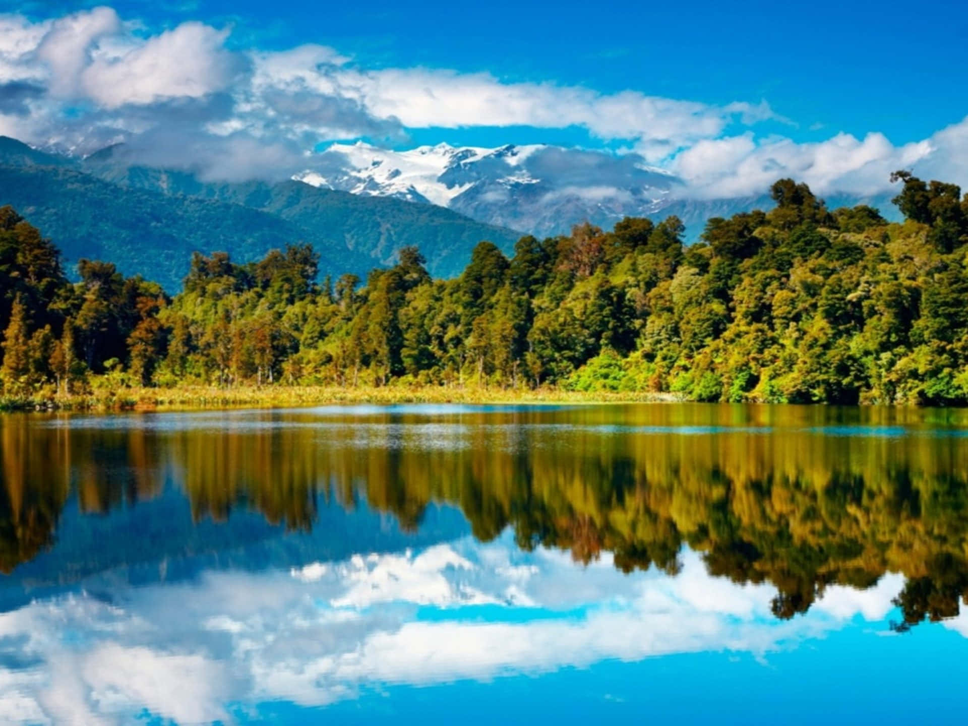 lake, snow-capped mountains, lush green forests, Full HD Desktop Wallpaper