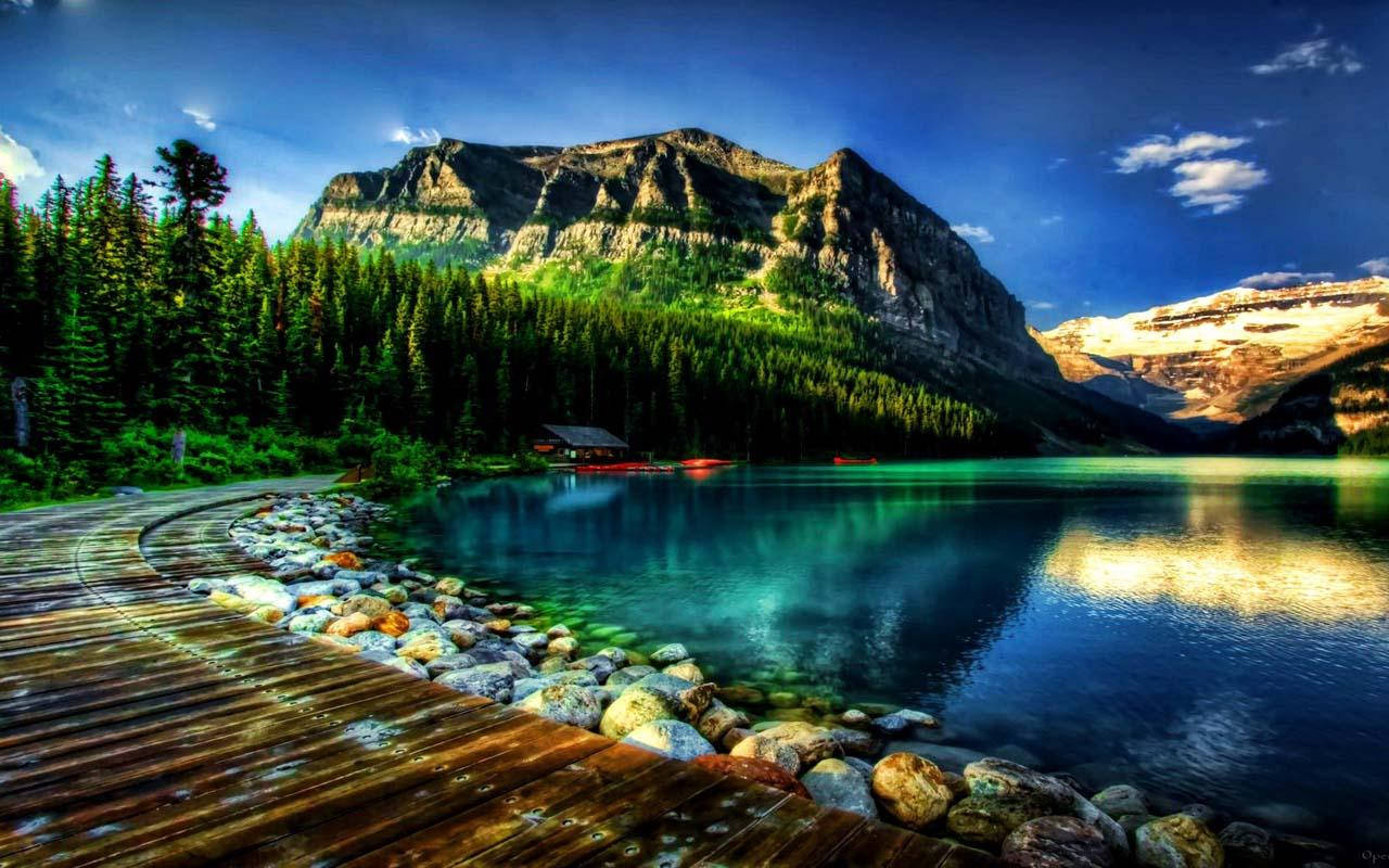 wooden boardwalk, crystal clear turquoise lake, dense evergreen forests, HD Desktop Wallpaper
