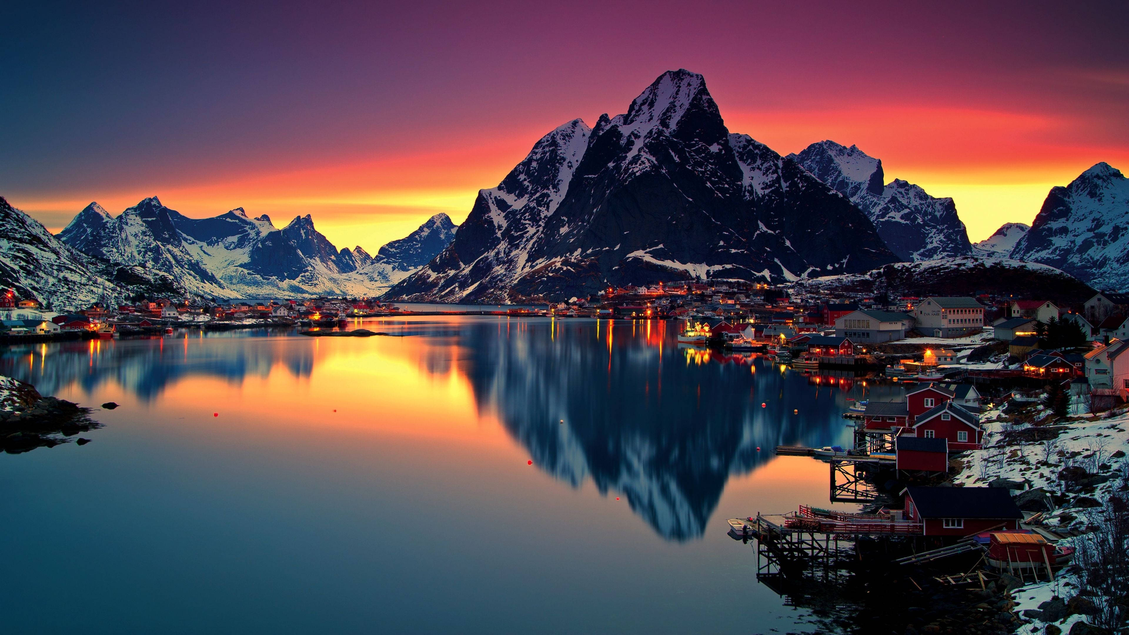 scenic seaside village, sunset, fiery purple orange sky, 4K Desktop Wallpaper
