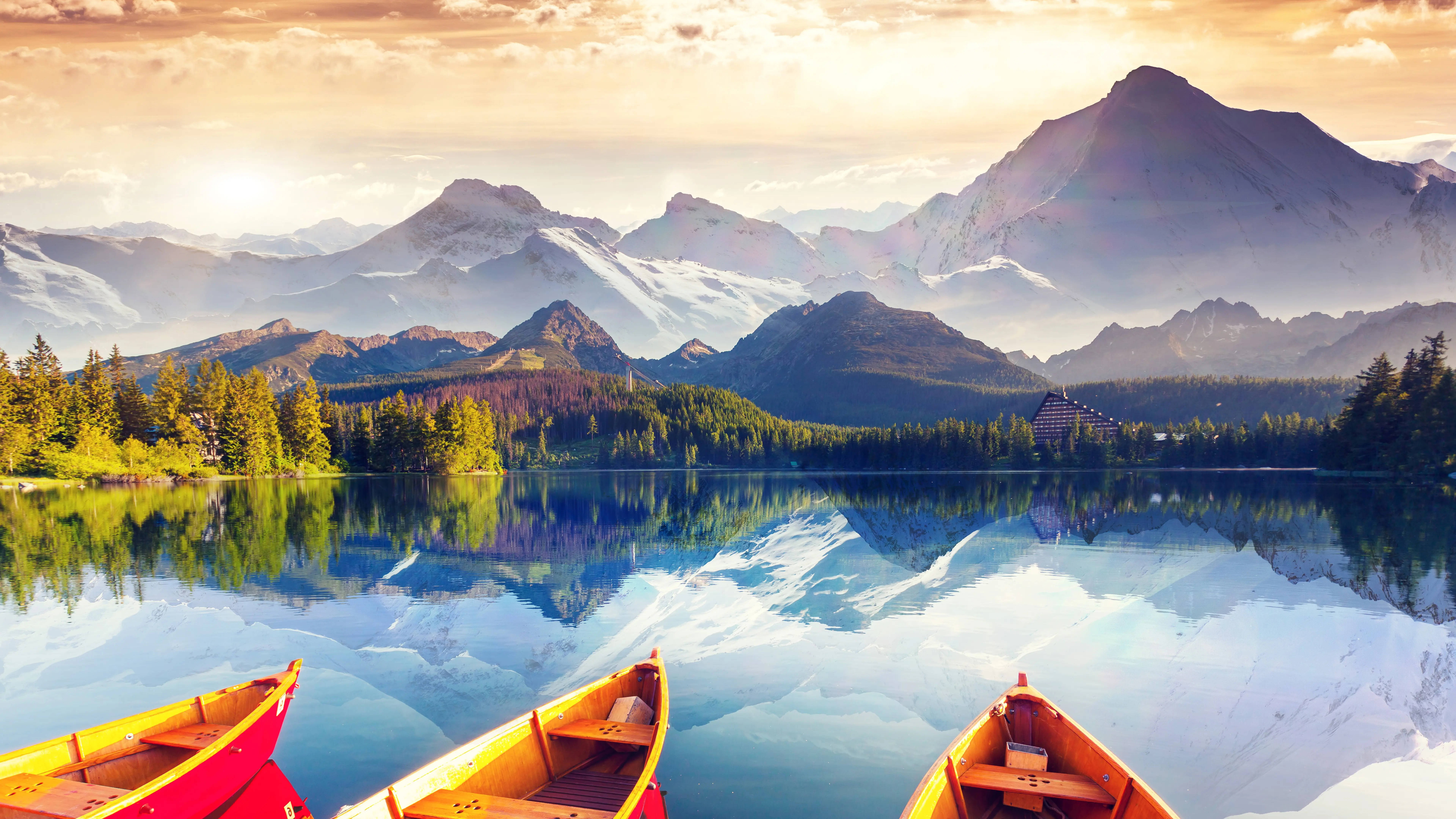 8K Ultra HD, nature lakeside, colorful canoes, 8K Desktop Wallpaper