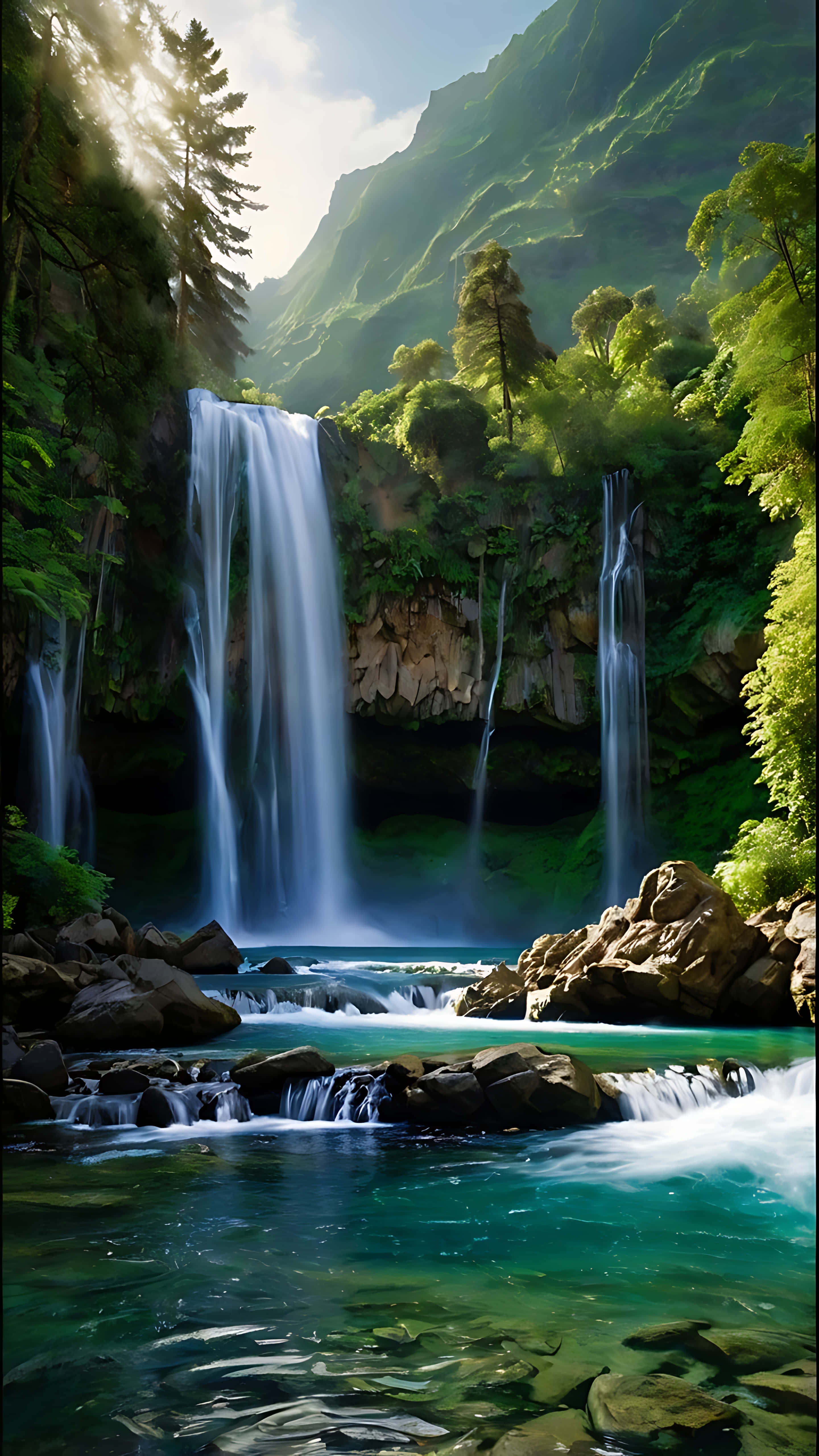 Hidden Paradise, waterfall, turquoise pool, 5K Phone Wallpaper