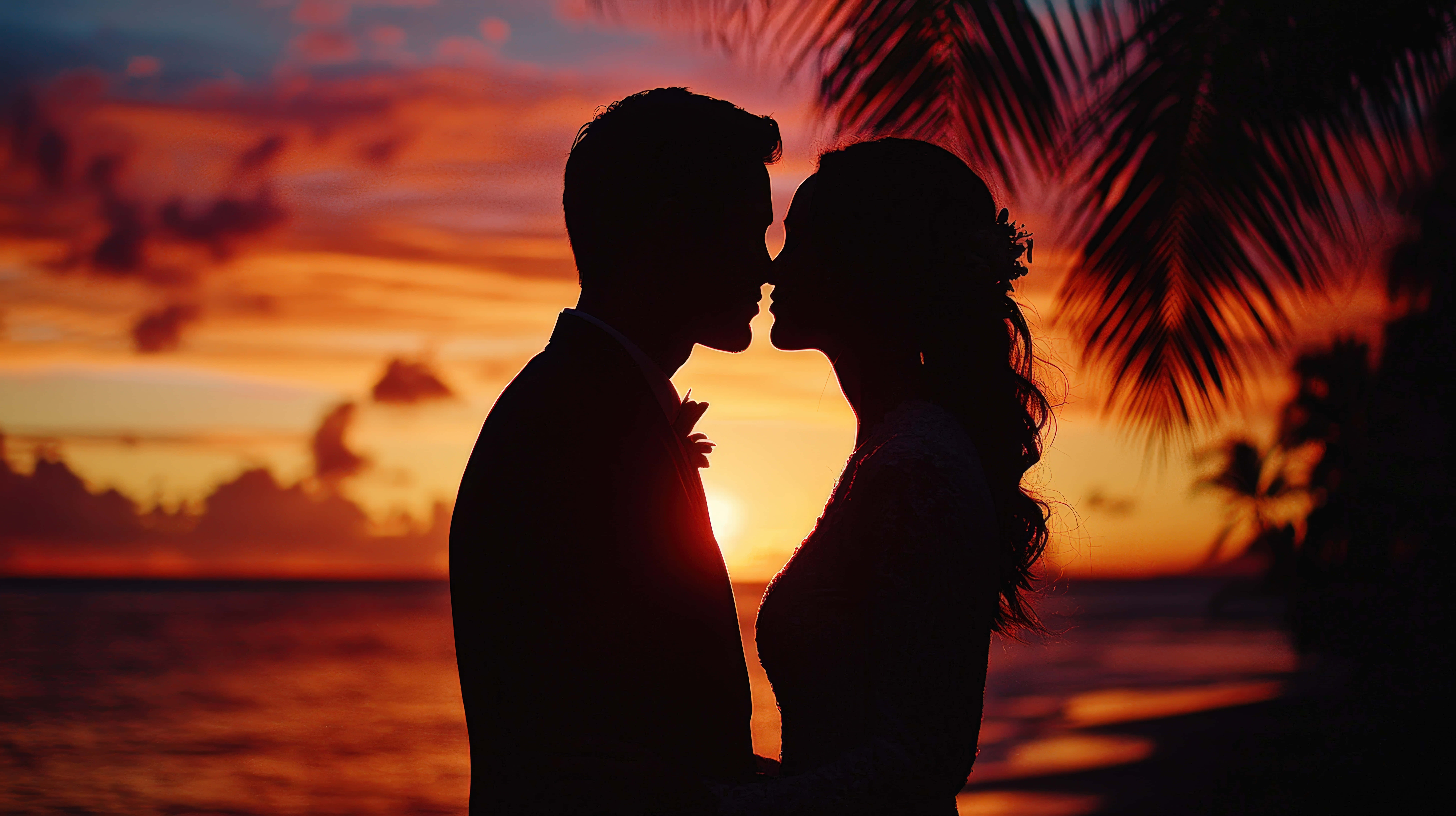 silhouetted couple, sunset, beach, 8K Desktop Wallpaper