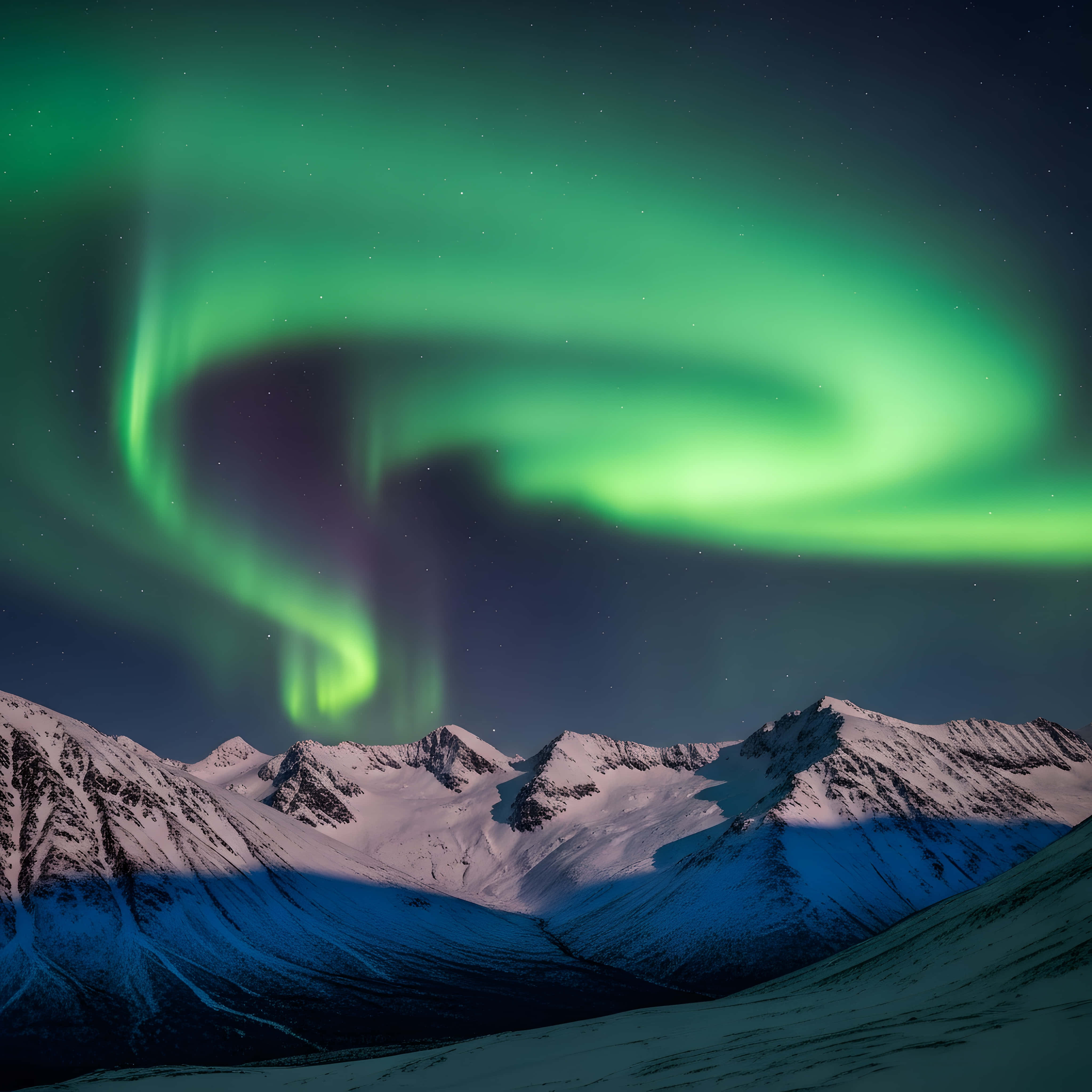 aurora borealis, starry night sky, snowcapped mountain peaks, 4K Desktop Wallpaper