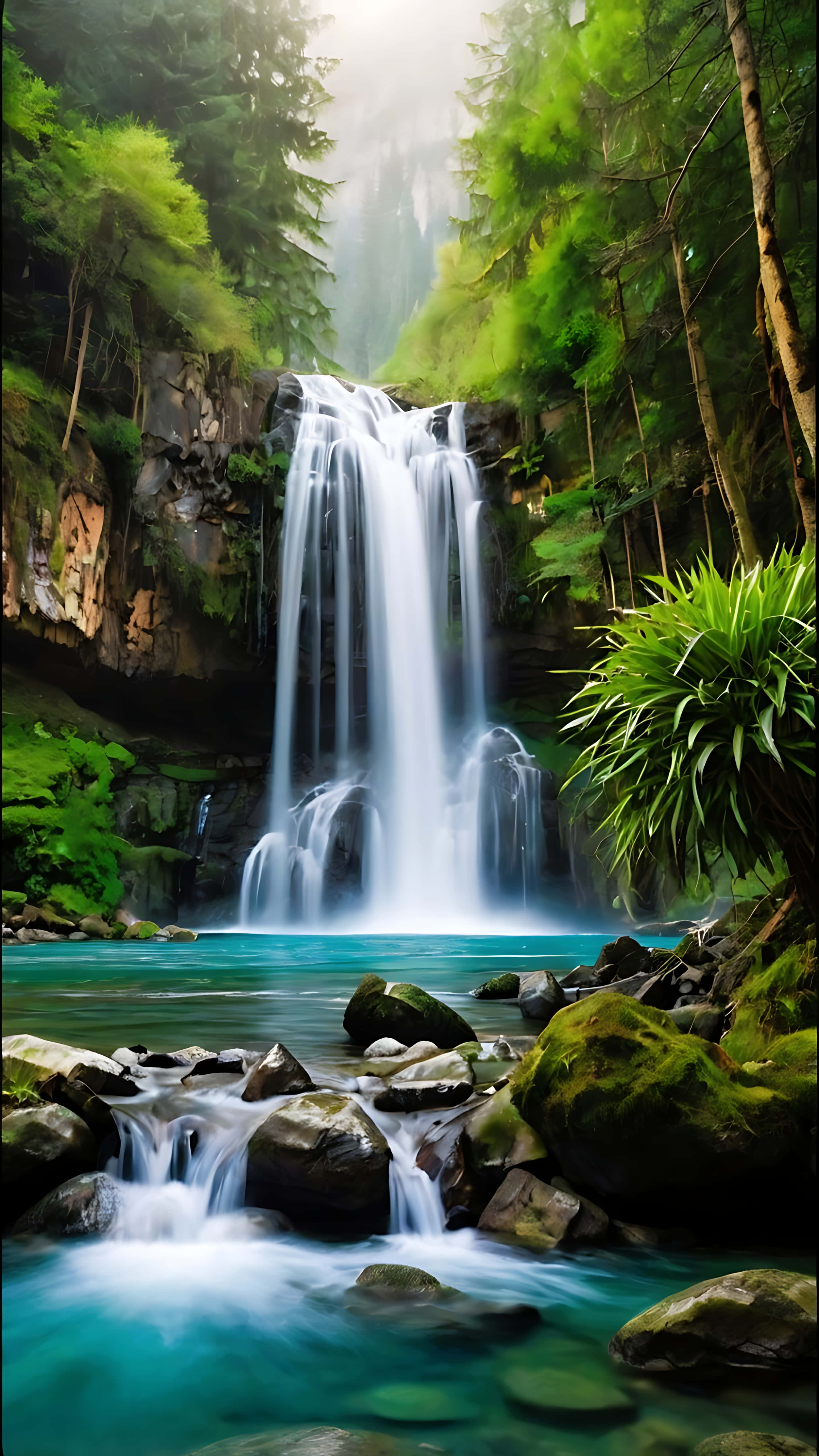 waterfall, lush green forest, turquoise pool, 5K Phone Wallpaper