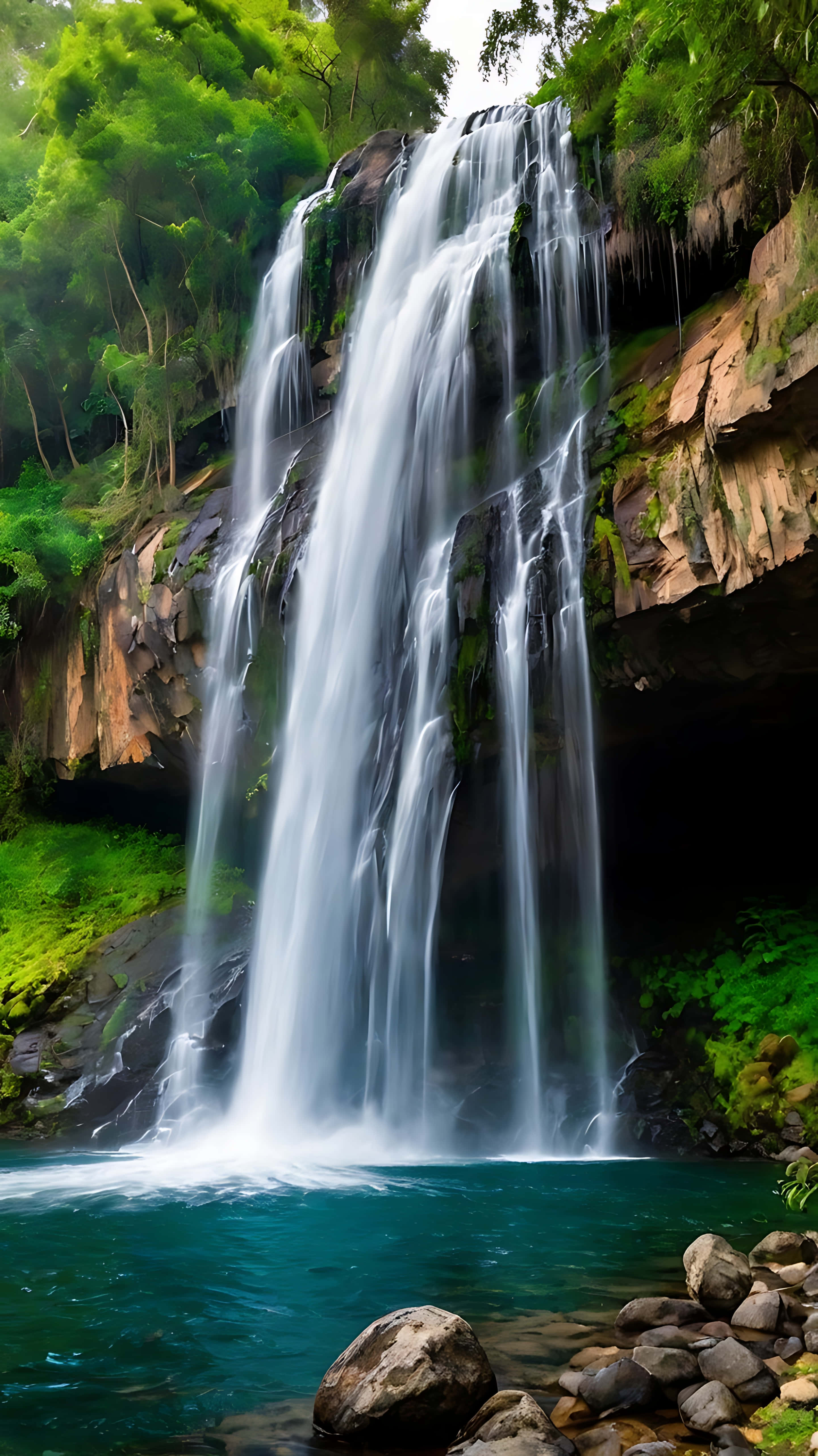 towering waterfall, mossy cliffs, vibrant turquoise pool, 5K Phone Wallpaper