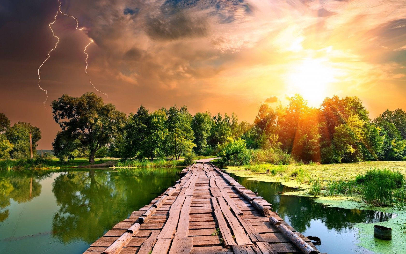 weathered wooden bridge, calm pond, dramatic lightning bolt, HD Desktop Wallpaper