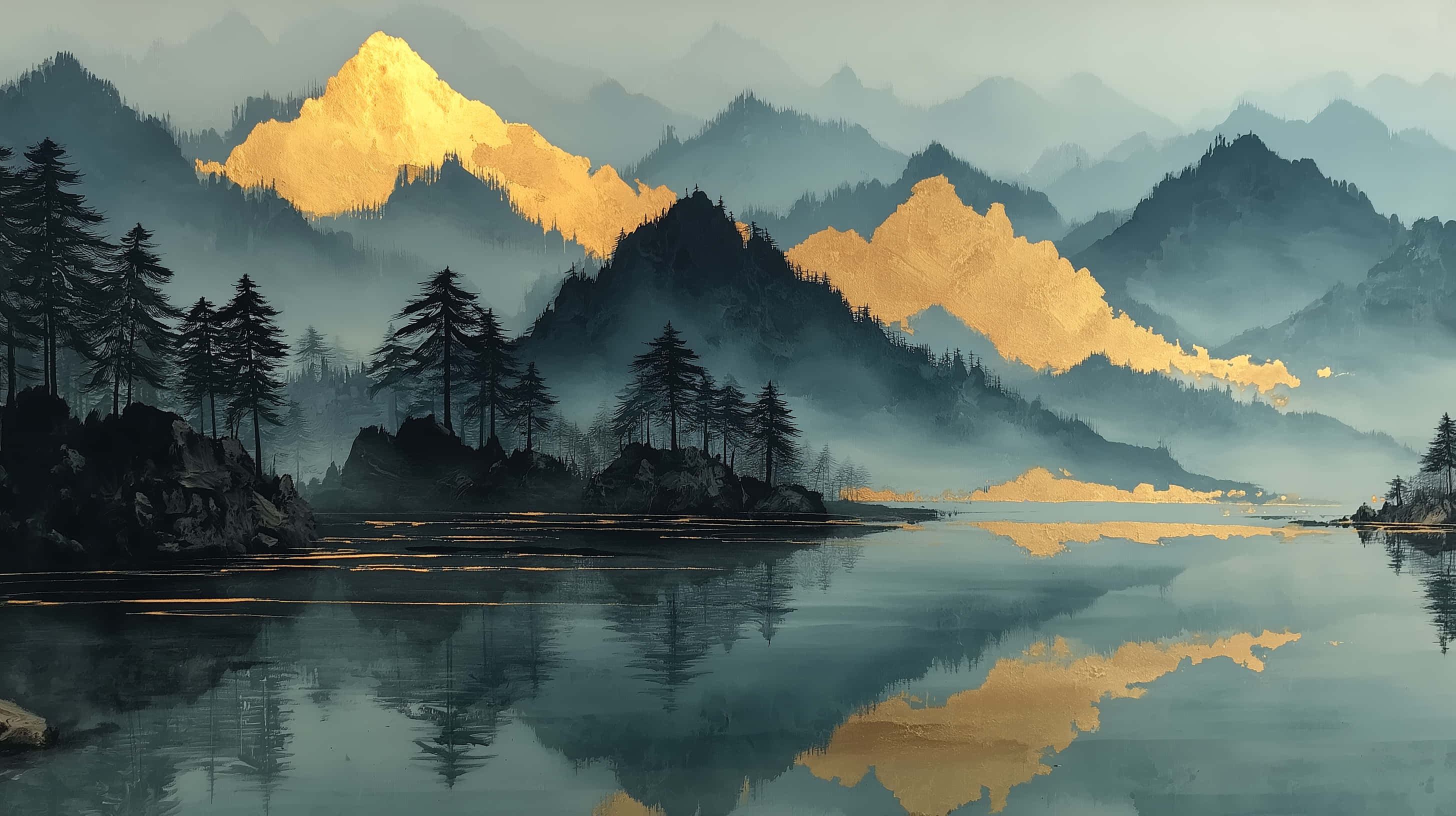 golden light, serene mountains, calm lake, 2K Desktop Wallpaper