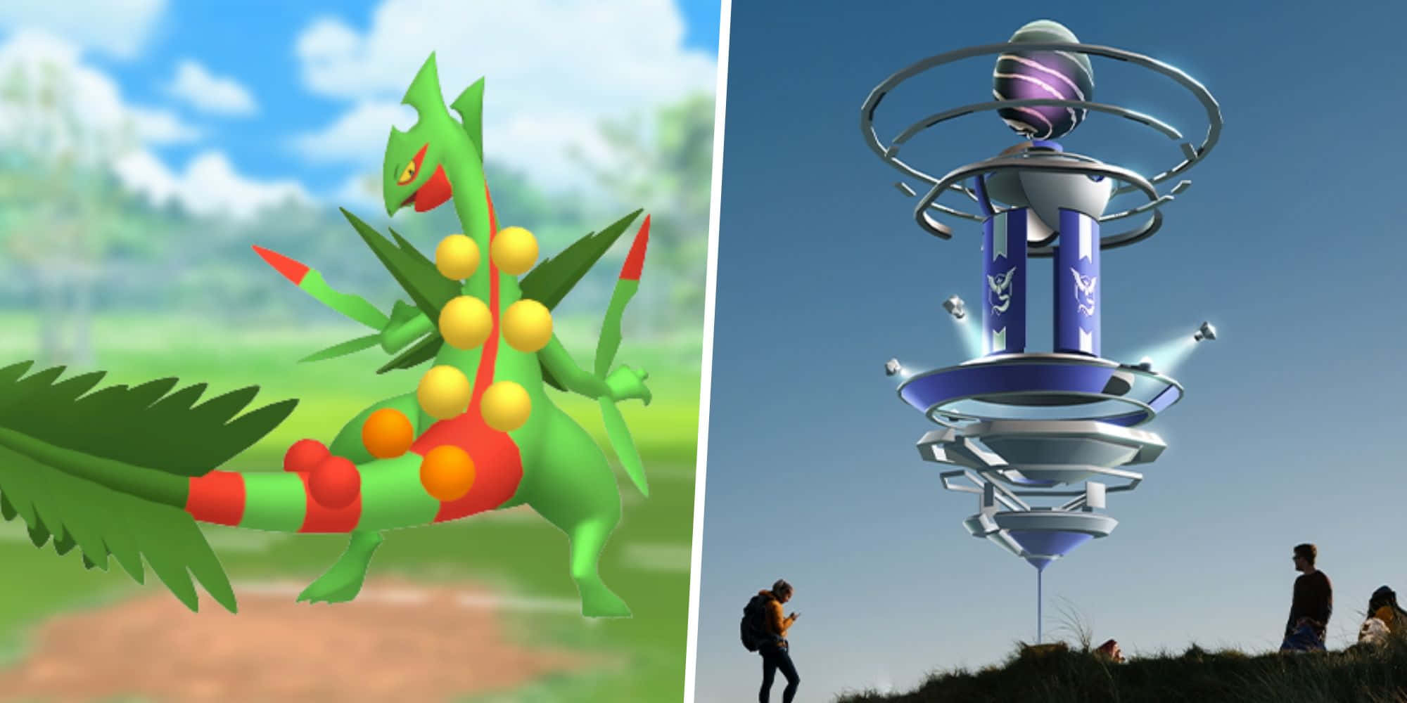 Sceptile, futuristic metallic tower, glowing orbs, Full HD Desktop Wallpaper