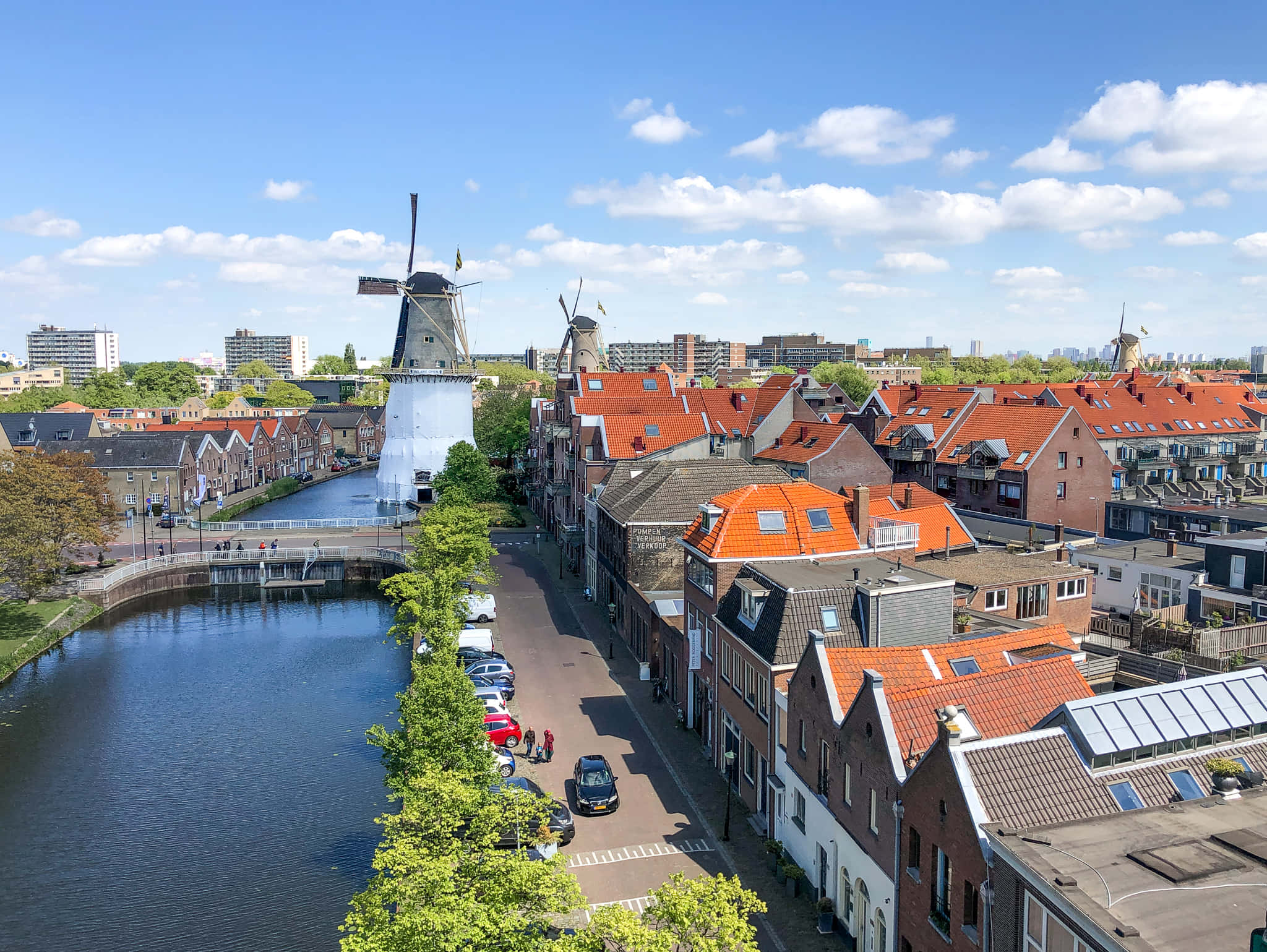 Schiedam, windmills, canal town, Full HD Desktop Wallpaper