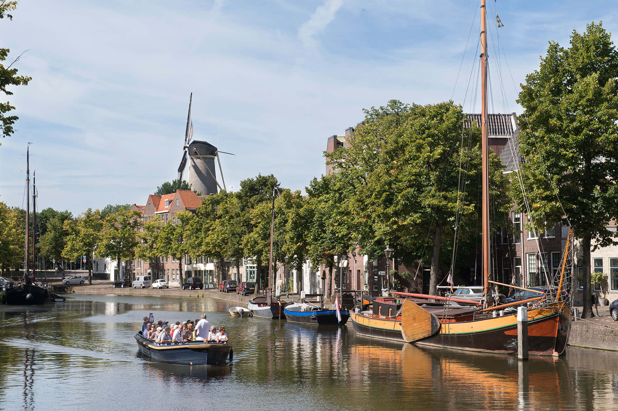 Schiedam, canal, windmill, Full HD Desktop Wallpaper