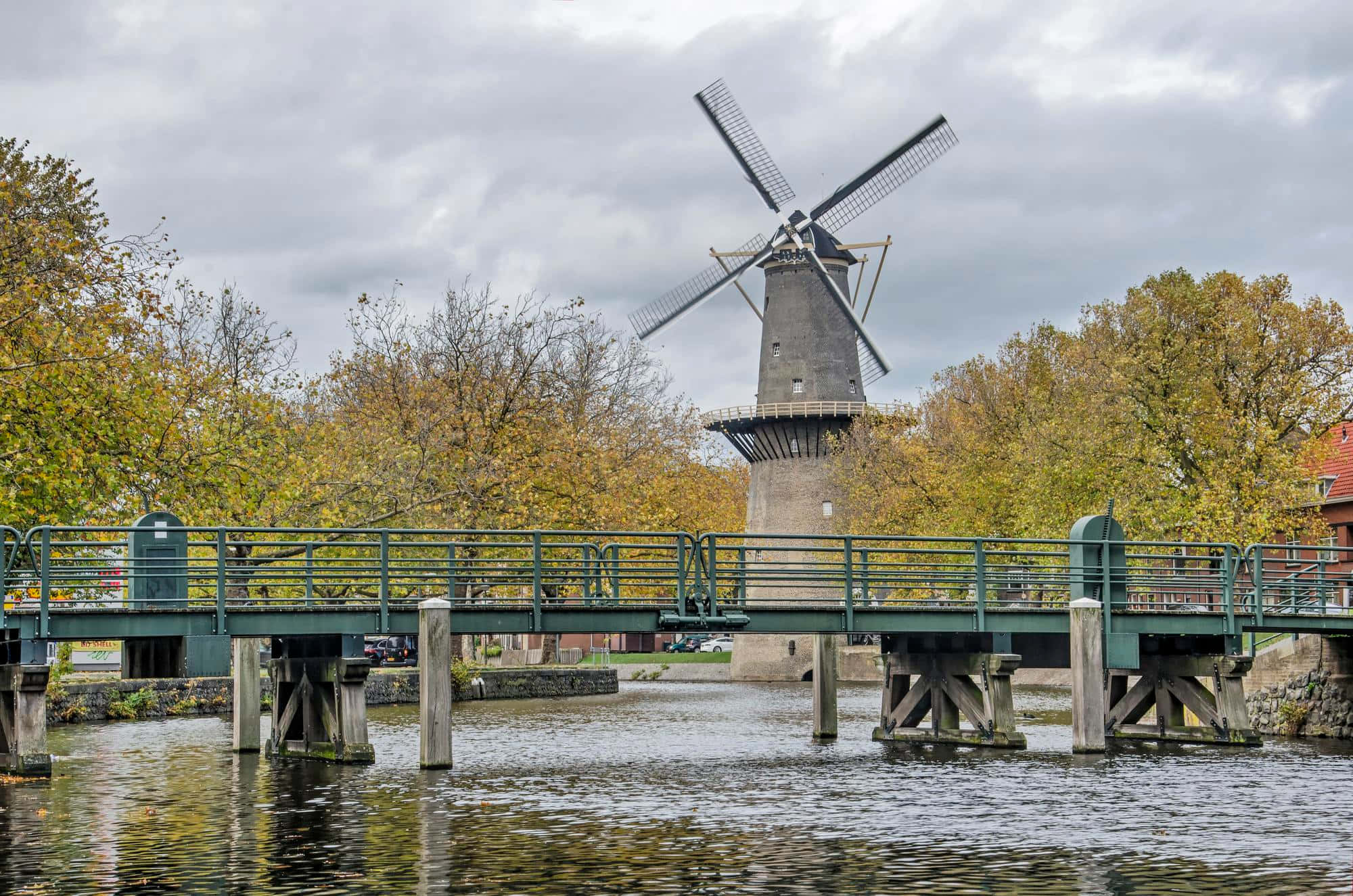 Schiedam, windmill, green metal bridge, Full HD Desktop Wallpaper